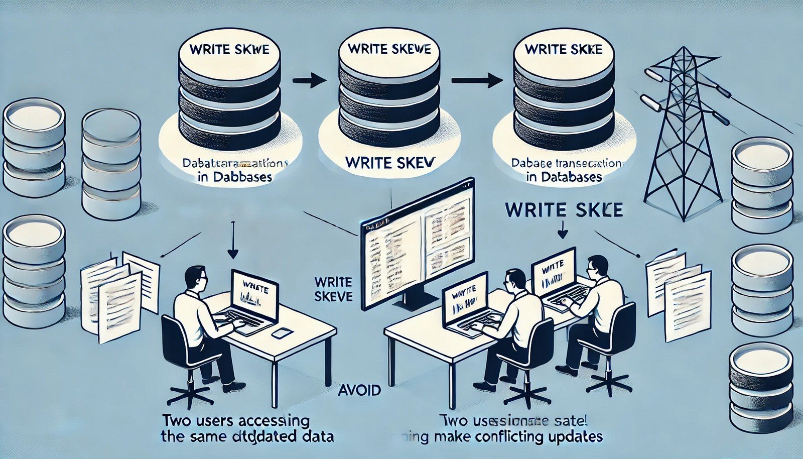 Two users interact with a shared database, each making changes based on outdated data. Their transactions occur simultaneously, leading to conflicting updates and an inconsistency in the stored database records.