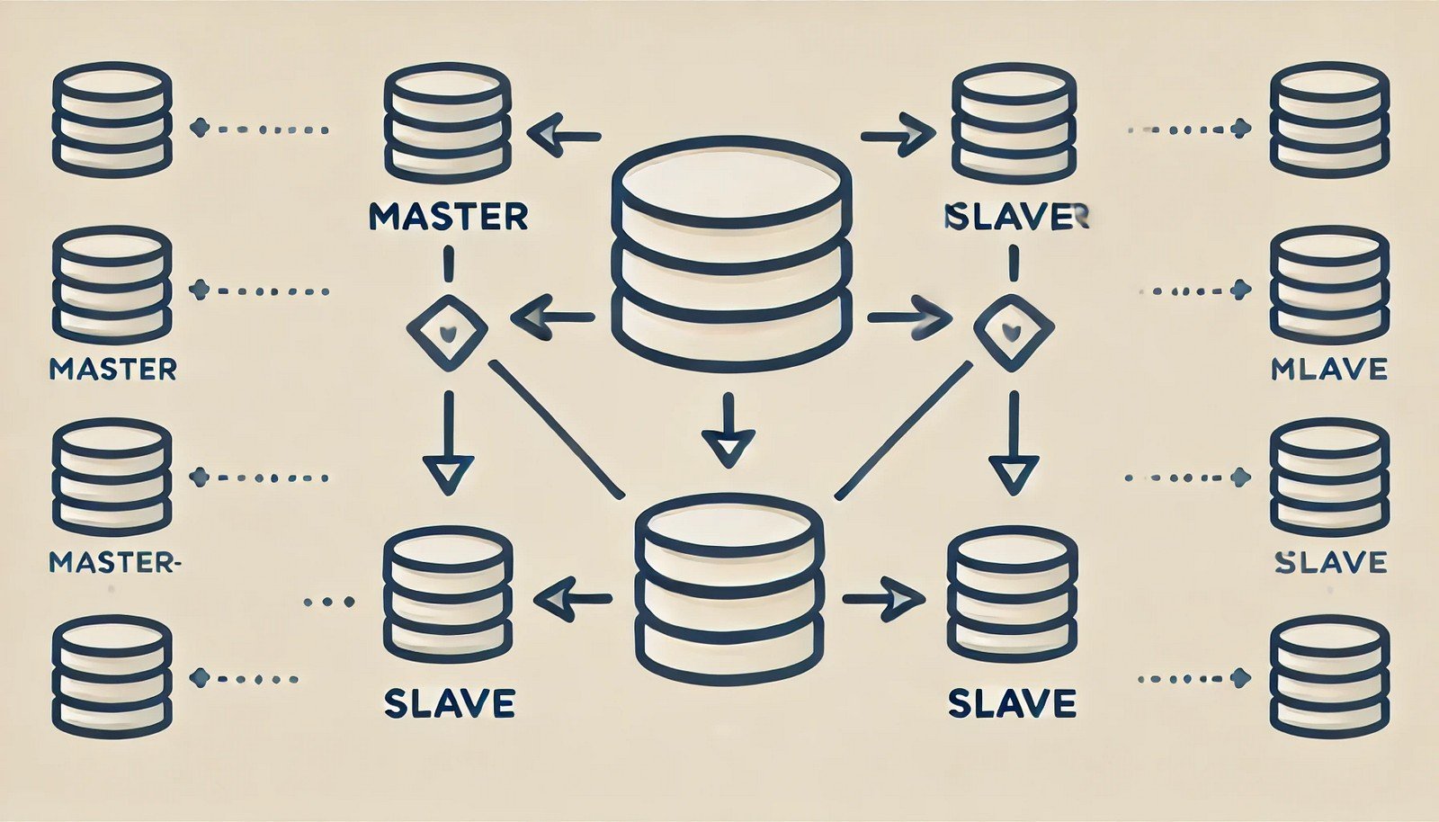 A clean, minimalistic digital illustration of Master-Slave Replication in databases. A central master database icon connects to multiple slave database icons, with arrows showing data replication. The design is simple and neutral.