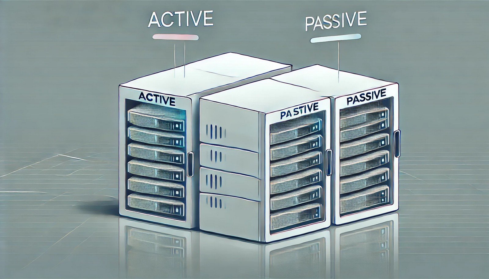 A futuristic, minimalist illustration of active-passive clustering featuring two server racks. One is active with visible data flow, while the other remains passive, ready to take over if needed. No text present.