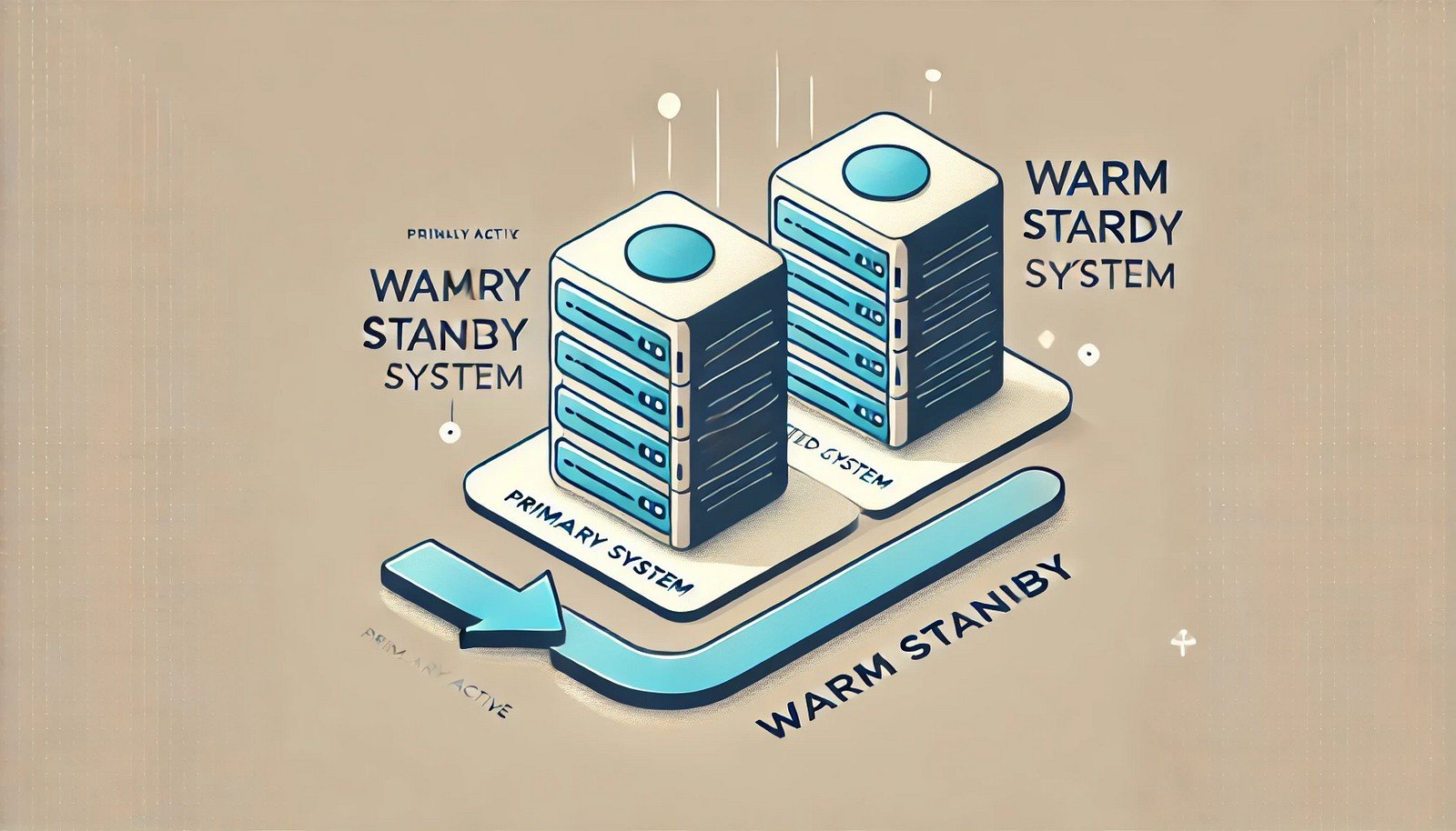 A visual representation of a warm standby system, showing two servers. One server is fully active, while the other runs at reduced capacity, with an arrow indicating transition for system failover.
