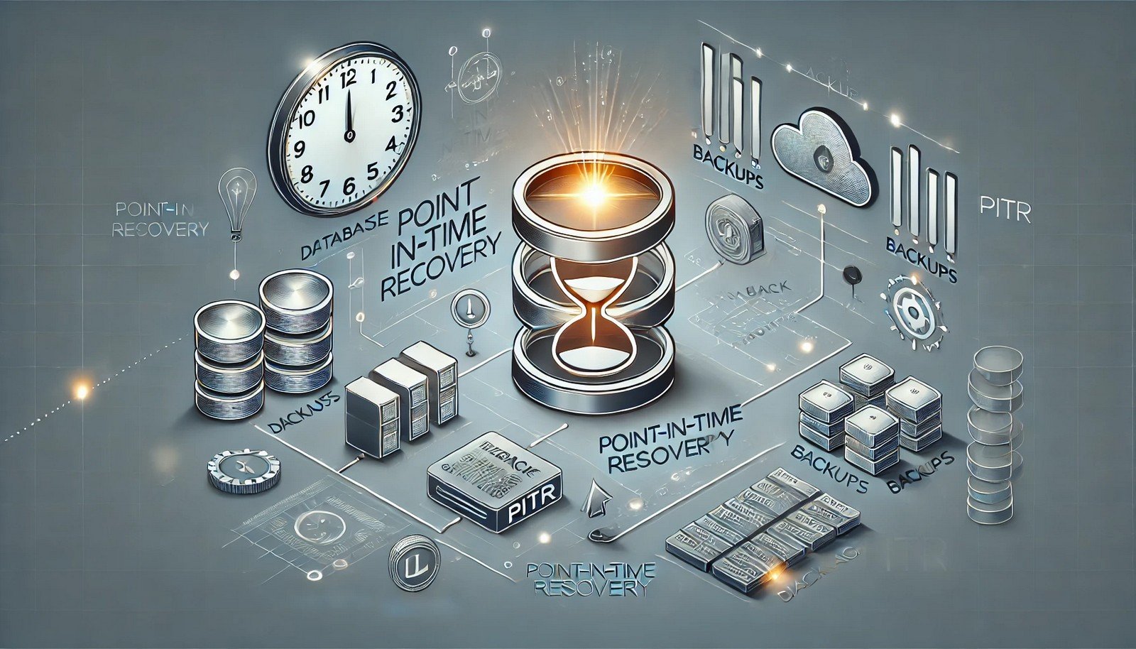 A digital illustration of Point-in-Time Recovery (PITR), showing a database system with a timeline and a glowing rollback point. The design includes abstract elements like clocks, backups, and cloud storage, emphasizing data restoration.