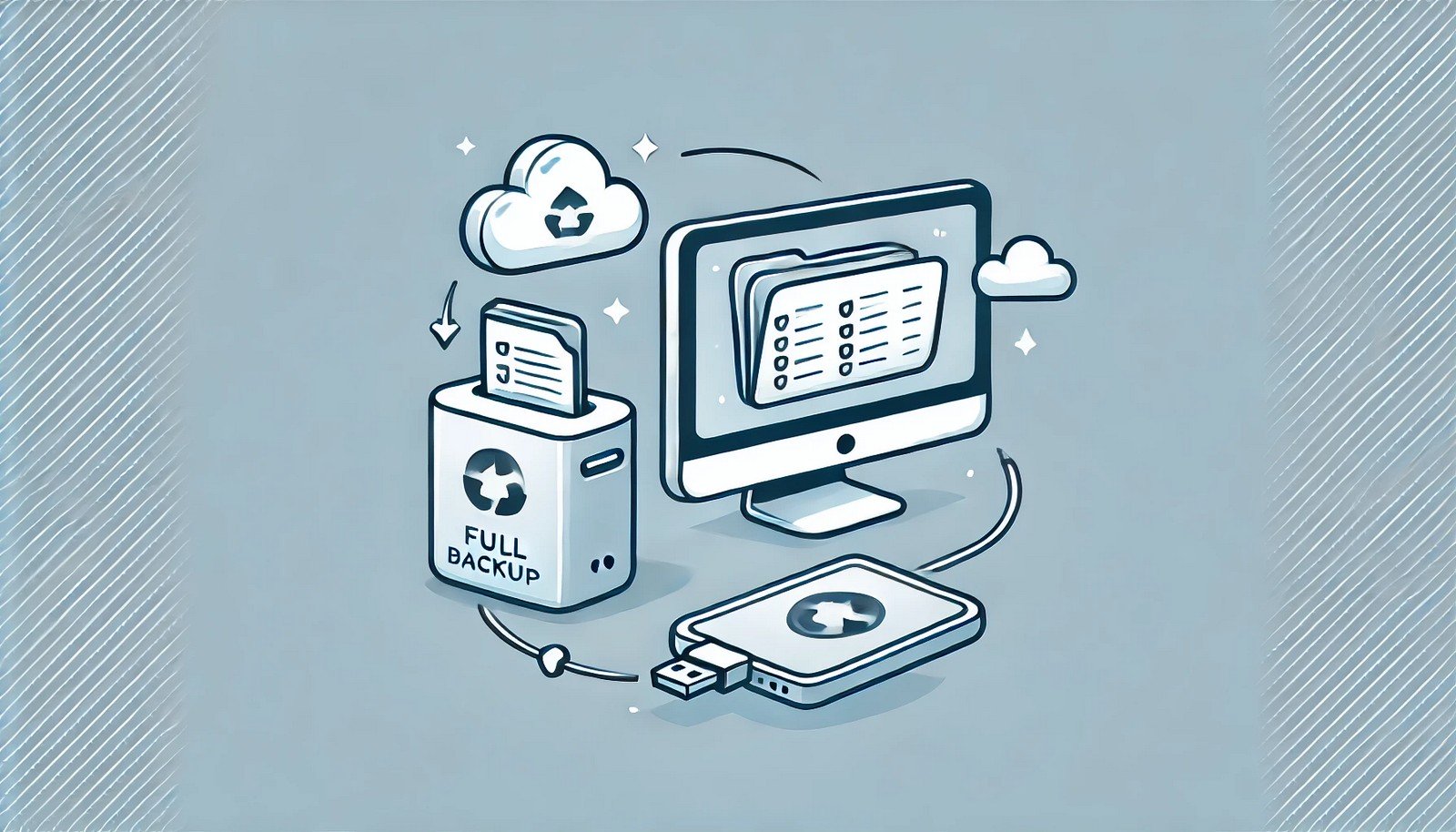 A digital illustration of a full backup process, showing a computer transferring files to an external hard drive and cloud storage. The concept is depicted with clean visuals and a smooth design.