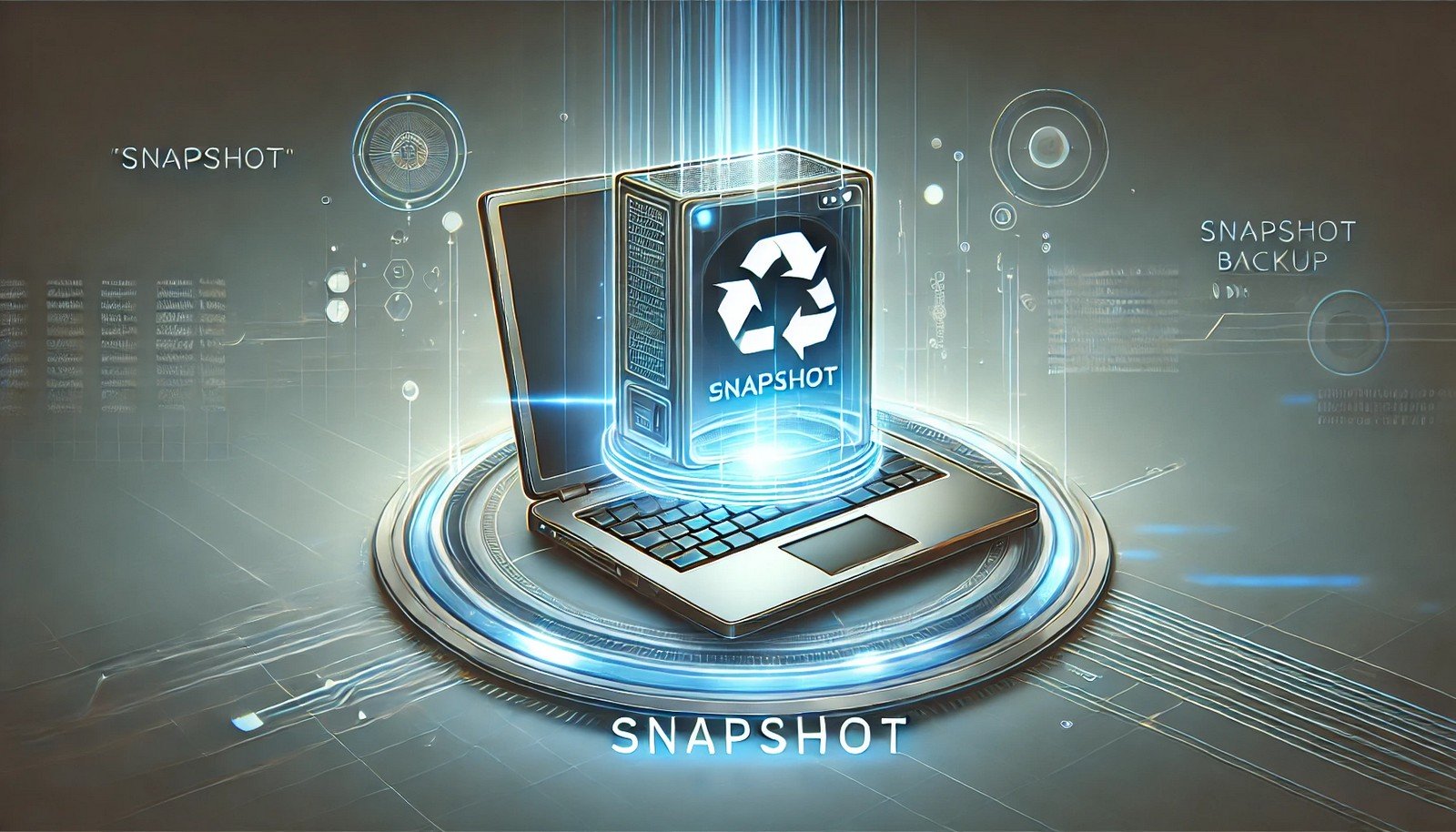 A futuristic digital illustration of a computer system performing a snapshot-based backup, featuring a glowing snapshot button, holographic time freeze effects, and a cyber-tech background with floating digital elements.