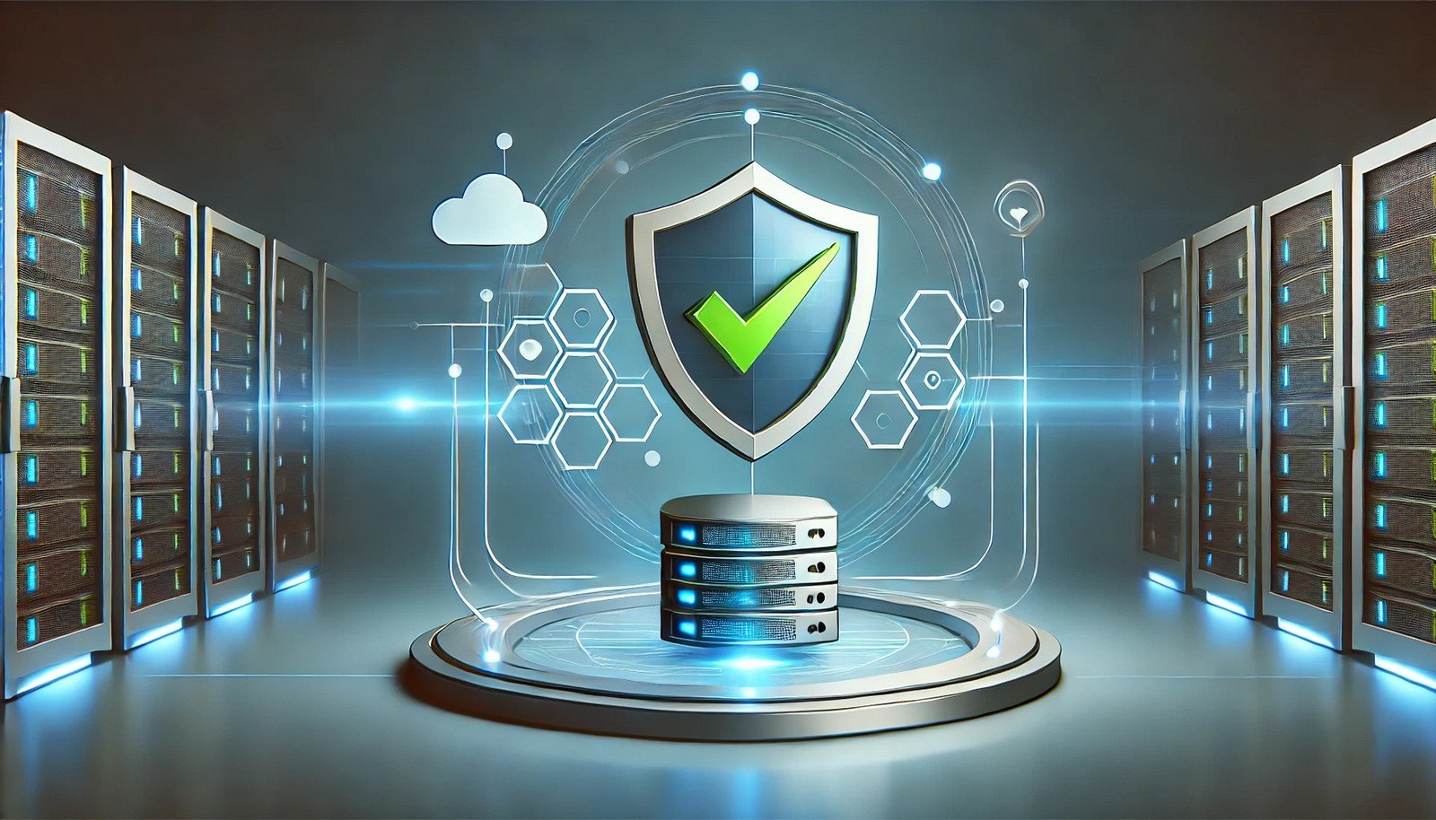 A futuristic digital illustration of backup verification featuring a high-tech interface with a shield symbol. A secure cloud backup system connects via glowing blue and green lines, symbolizing data integrity and cybersecurity.