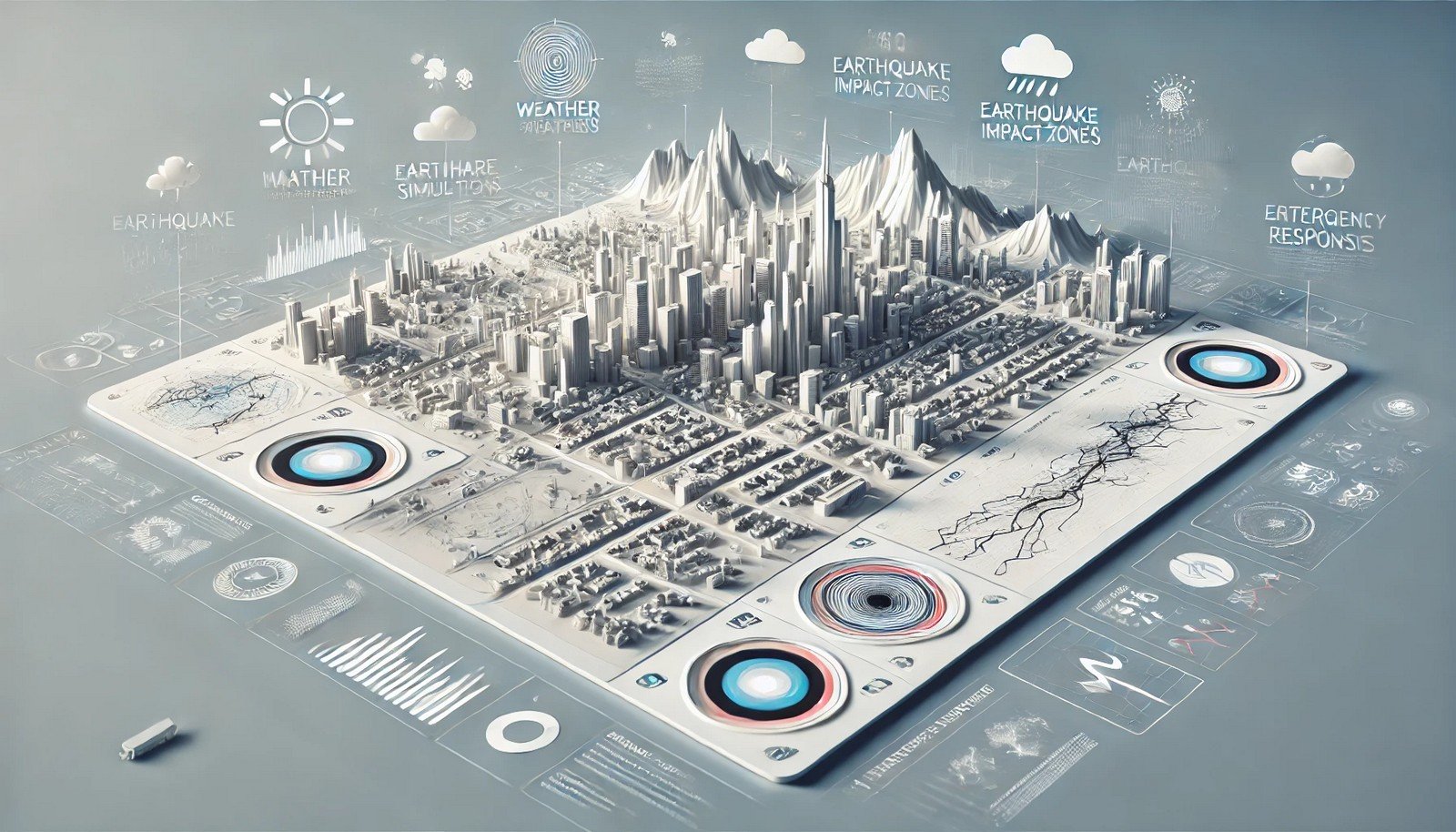 A futuristic disaster simulation dashboard in a digital 3D cityscape. The interface displays weather patterns, earthquake impact zones, and emergency response routes in a sleek, high-tech, predictive analysis environment.