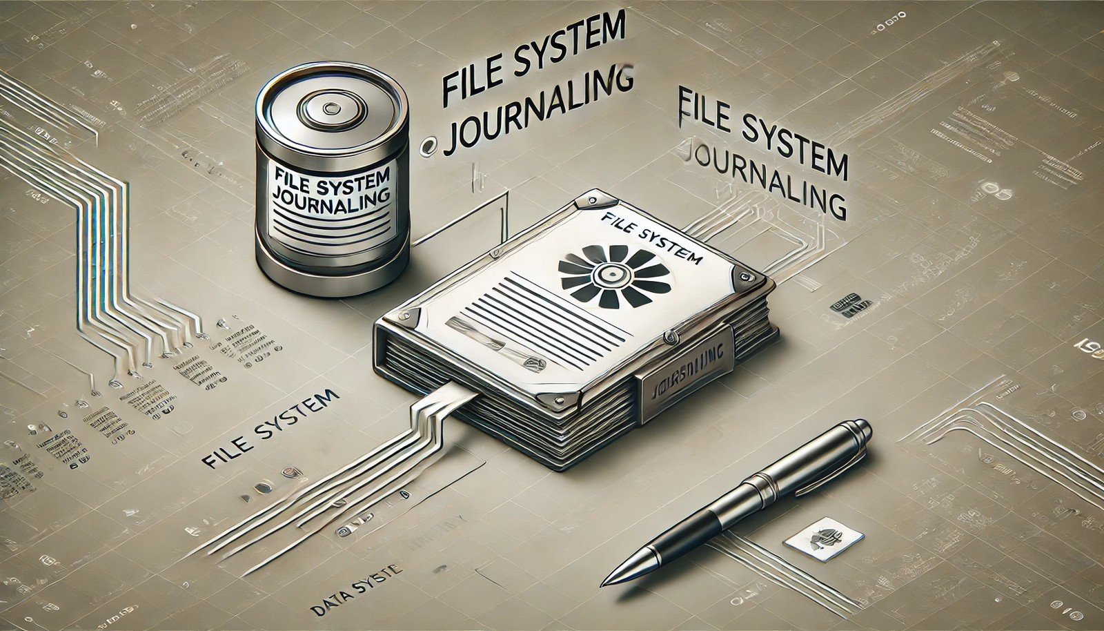 A futuristic digital illustration representing file system journaling, showing a high-tech interface recording data changes before applying them to a hard drive, symbolizing data integrity and recovery with a clean, simple design.