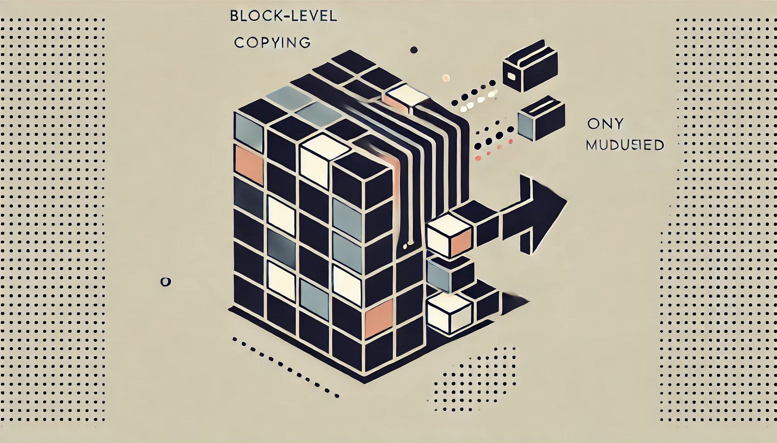 A modern digital illustration of Block-Level Copying, depicting a file being transferred in segments with only modified portions highlighted, symbolizing efficient data synchronization and incremental backups. No text in the image.