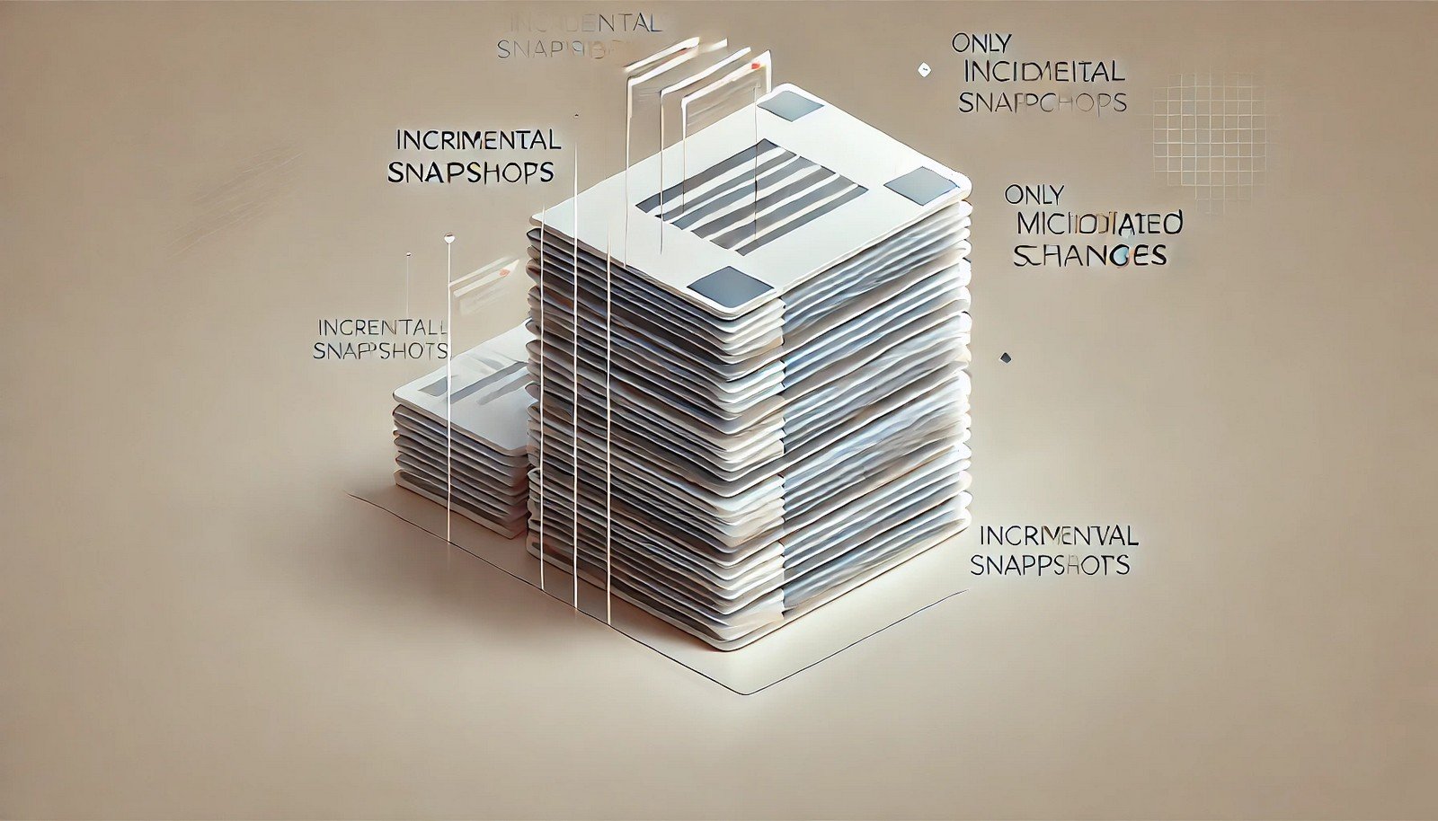 A visual representation of incremental snapshots using a layered stack of data blocks, where only modified sections are highlighted. The illustration is minimalistic, with a modern and technology-inspired aesthetic.