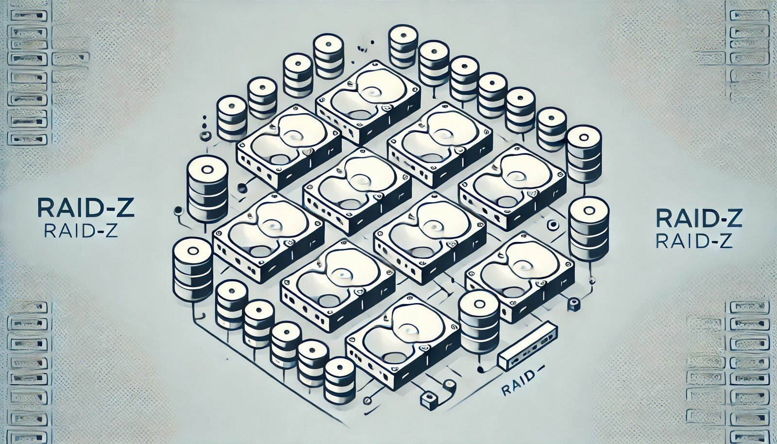 Minimalistic illustration of RAID-Z, depicting multiple hard drives in a RAID configuration. The image highlights data redundancy, parity distribution, and fault tolerance, showing the recovery process in case of drive failure.