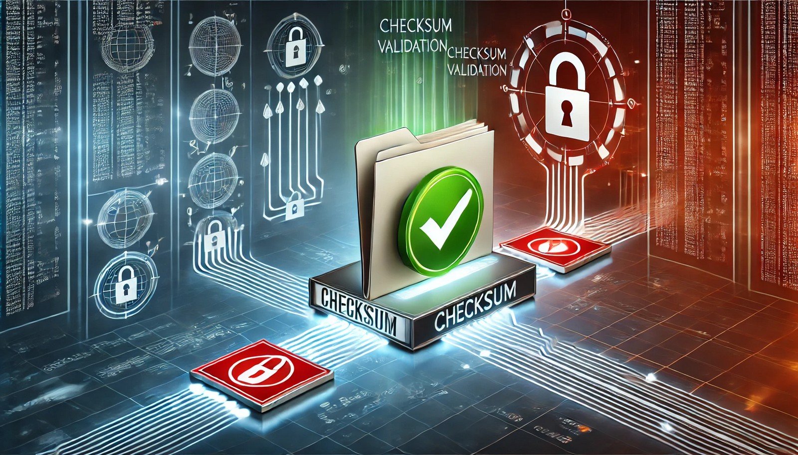 A conceptual illustration of checksum validation, showing a file being transmitted between two computers. One checksum calculation is correct, marked with a green check, while another is incorrect, indicated by a red warning symbol.