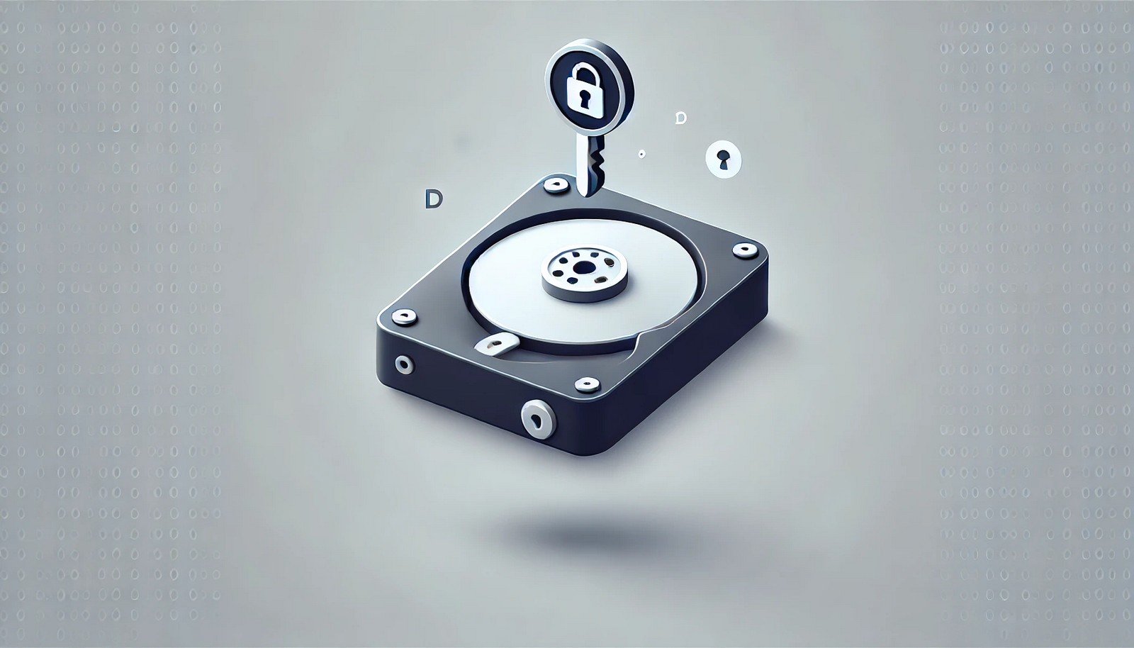 A digital illustration of a locked hard drive with an encryption key floating above it, symbolizing secure data protection. The minimalistic background keeps the focus on encryption and cybersecurity concepts.