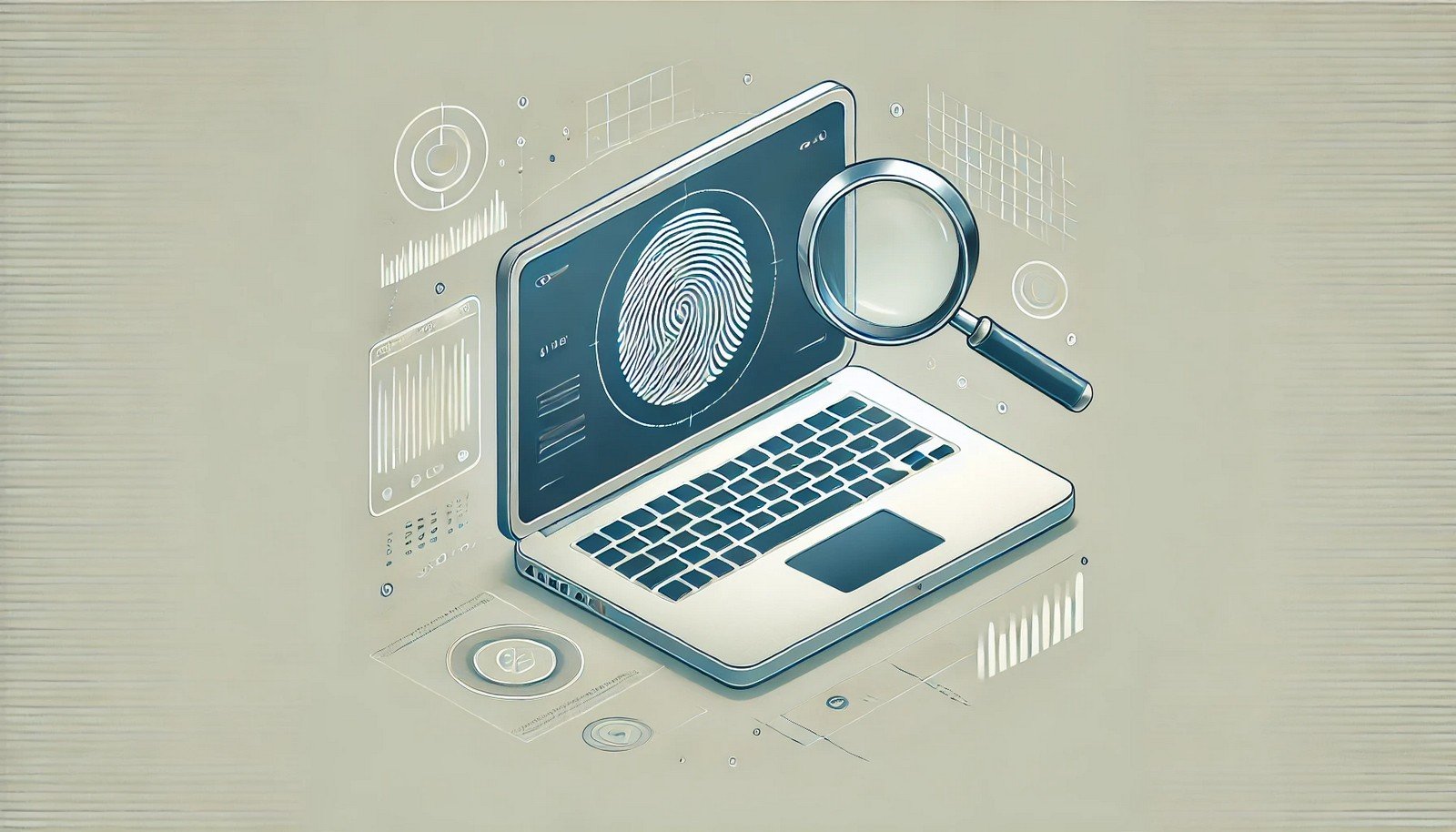 A modern digital illustration of forensic analysis tools featuring a laptop with a magnifying glass focusing on a digital fingerprint on the screen, representing digital investigation. The design is clean and minimalistic.