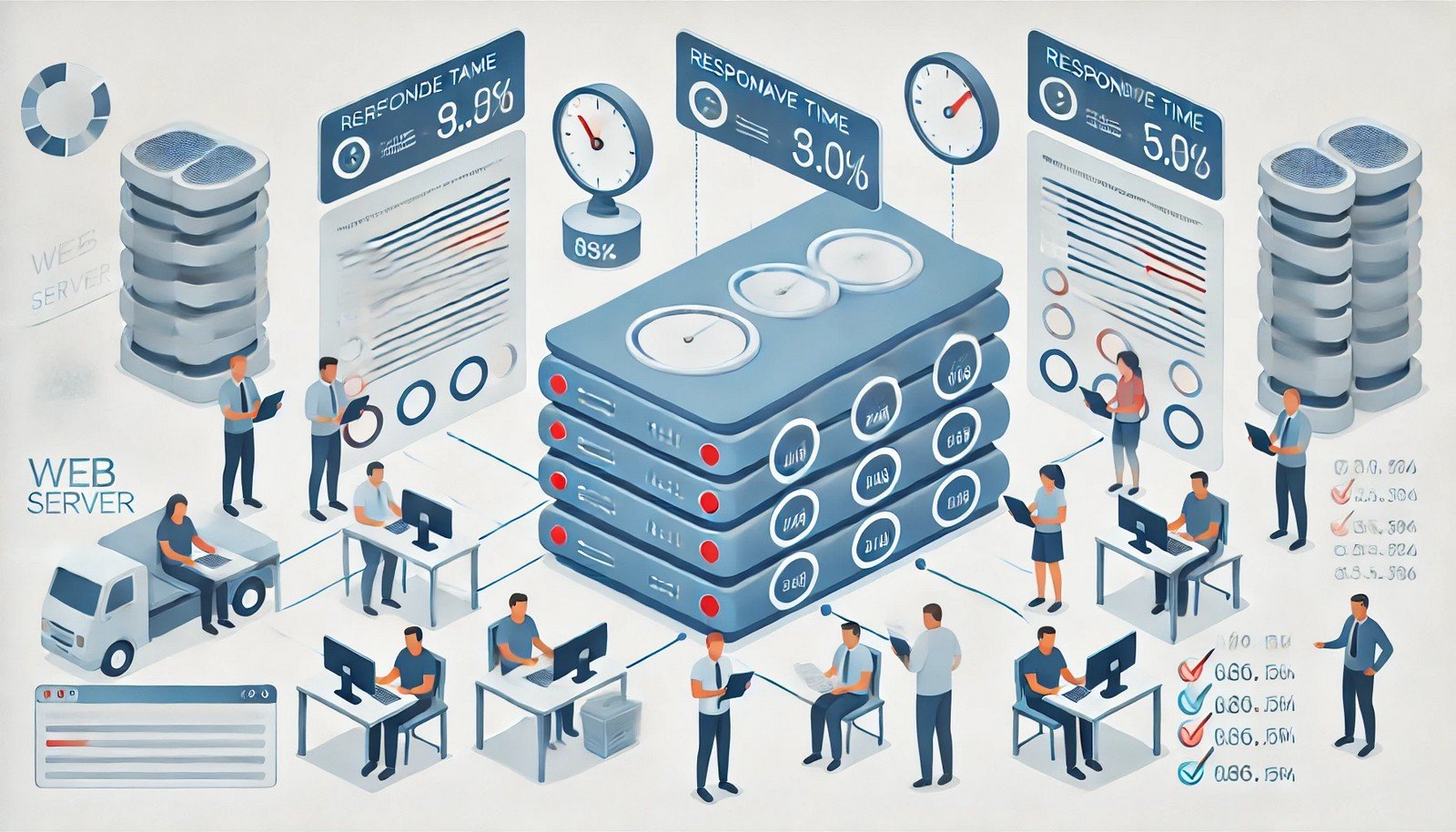 A digital illustration of a web server undergoing load testing with multiple virtual user icons sending simultaneous requests. The server displays performance metrics visually, symbolizing system analysis and stress testing, in a minimalistic style.