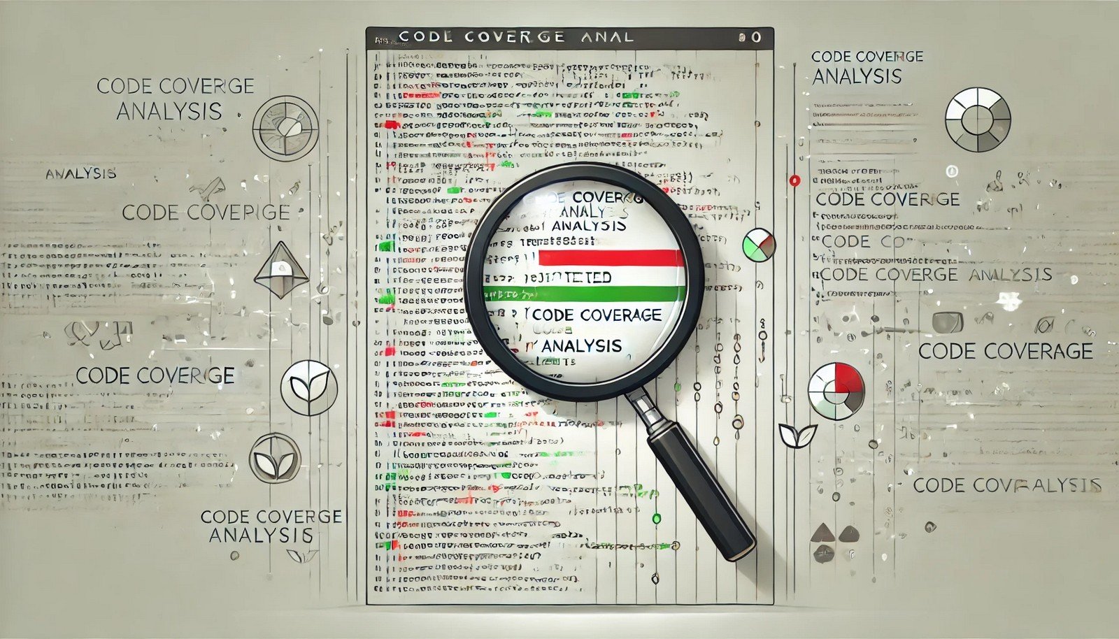 A digital illustration of code coverage analysis, featuring blocks of code with some highlighted in green (tested) and others in red (untested). A magnifying glass scans the code, symbolizing software testing analysis.