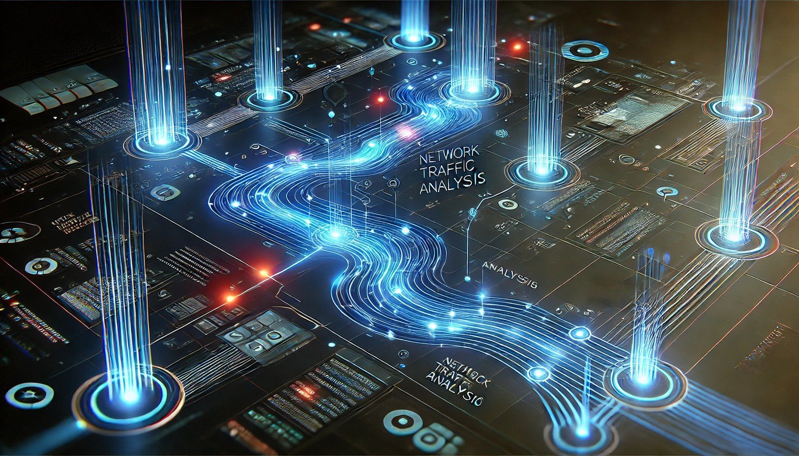 A futuristic digital illustration representing network traffic analysis, featuring glowing data packets flowing through interconnected nodes. Certain paths are highlighted to indicate monitored traffic, with a cybersecurity theme using deep blue and neon accents.