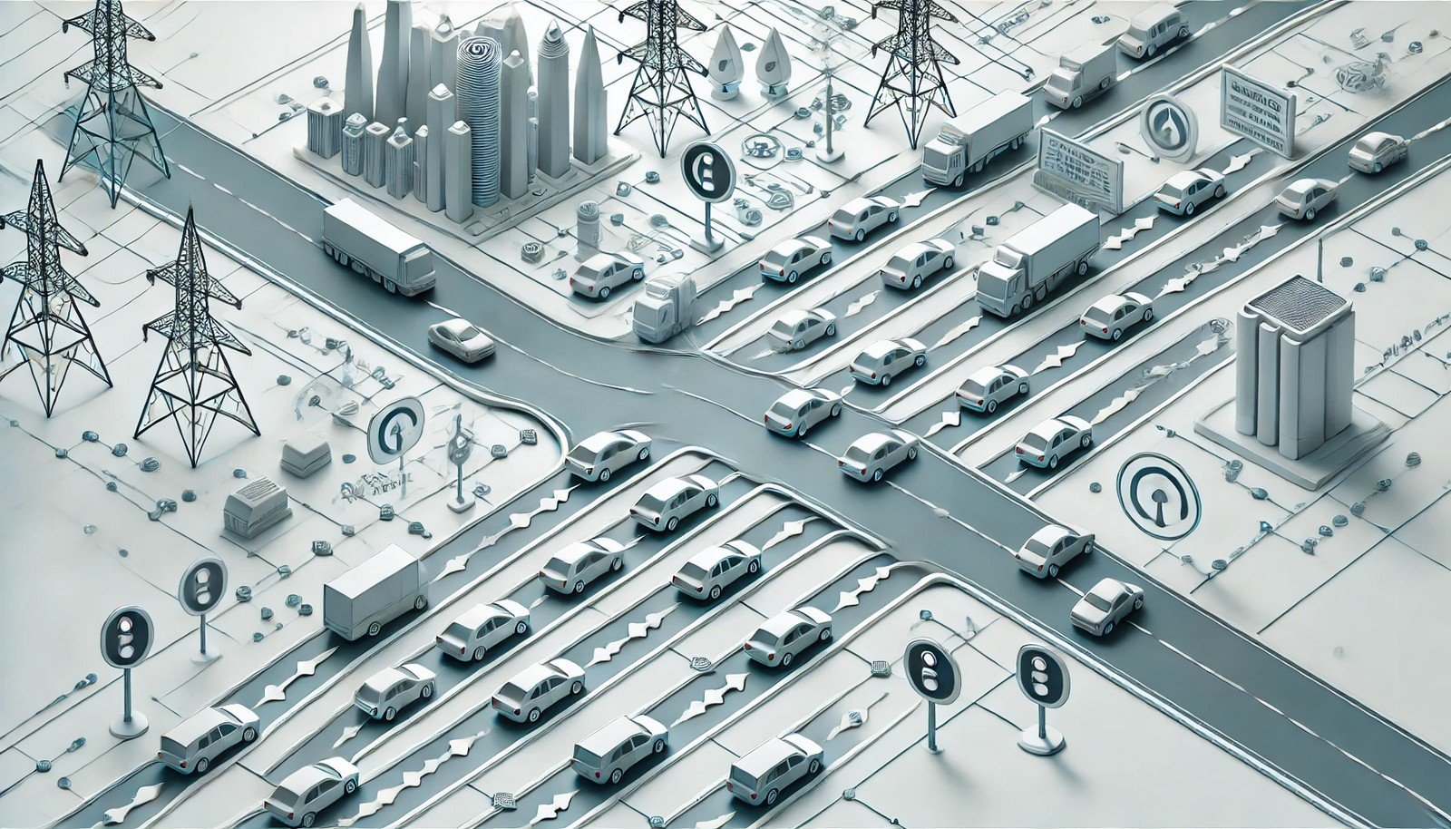 A digital illustration depicting congestion control in networking, using a traffic system metaphor. Data packets are shown as vehicles navigating network paths, with traffic signals regulating flow to prevent congestion and ensure smooth transmission.
