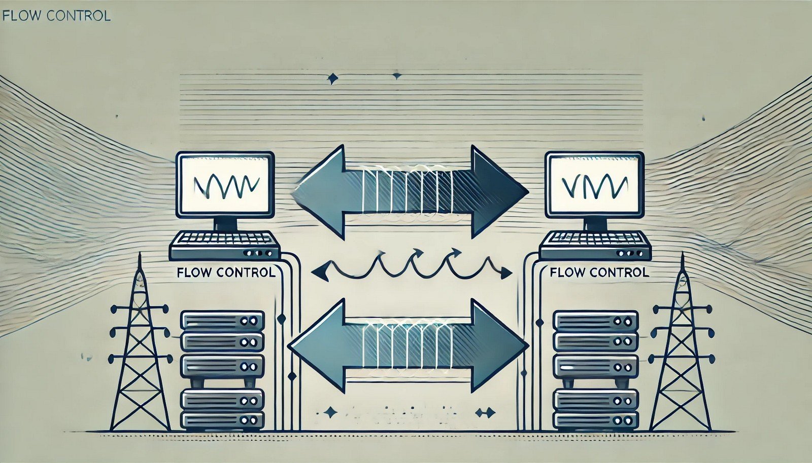An abstract digital illustration representing flow control in computer networking. Two computers exchange data packets with arrows indicating controlled data transmission. A buffering mechanism visually prevents congestion, illustrating optimized network communication.