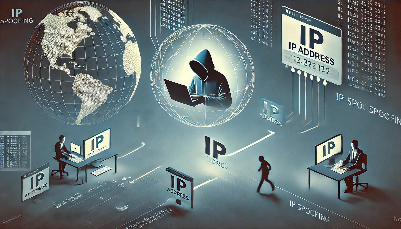 A digital illustration of IP spoofing, depicting a hacker in the background manipulating network traffic. Data packets with altered IP addresses flow through a network, visually representing deception in internet communication. No text present.