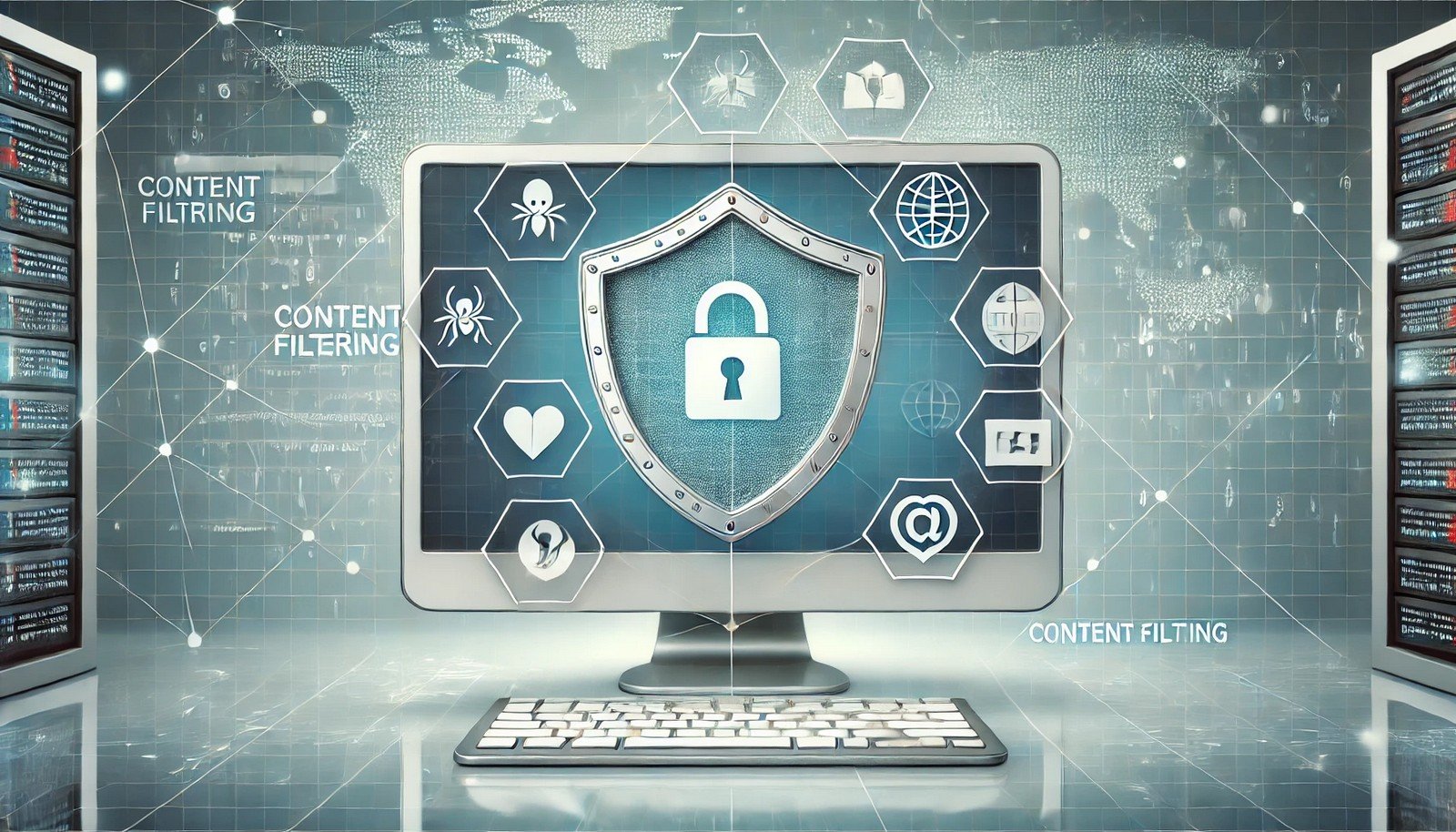 A digital illustration of content filtering featuring a computer screen with a transparent digital shield blocking icons of malware, phishing links, and explicit content, set against a subtle internet network grid background.