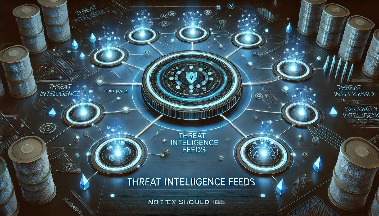 A futuristic digital illustration of Threat Intelligence Feeds, showing interconnected data nodes feeding into a central cybersecurity hub. The hub distributes security insights to firewalls and monitoring systems with a glowing blue cyber-tech aesthetic.
