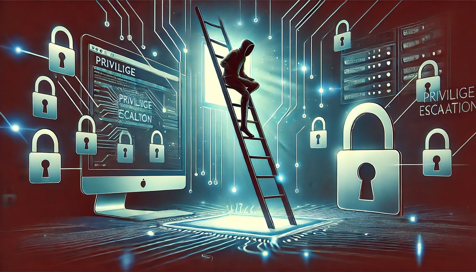 A digital illustration representing privilege escalation in cybersecurity, featuring a hacker climbing a ladder inside a computer system. Security barriers like digital locks and firewall breaches subtly appear in the background.