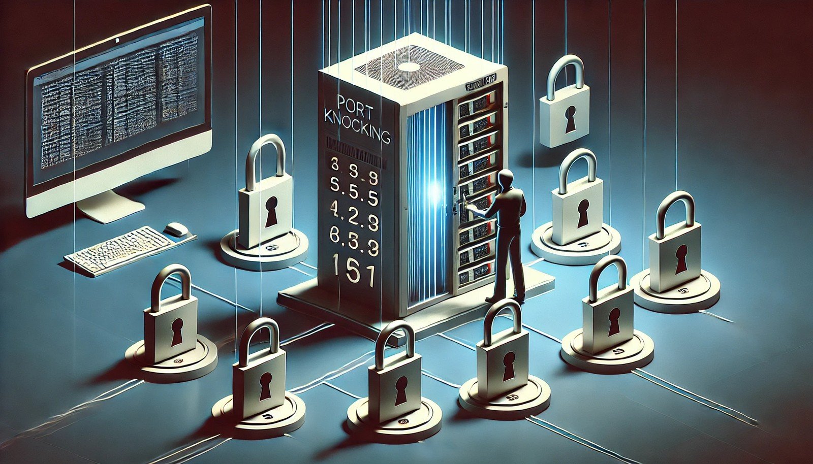 A futuristic digital illustration of Port Knocking in cybersecurity, depicting a locked computer system with multiple numbered doors. A user follows a specific knocking sequence, unlocking a secure access gate with no visible text.