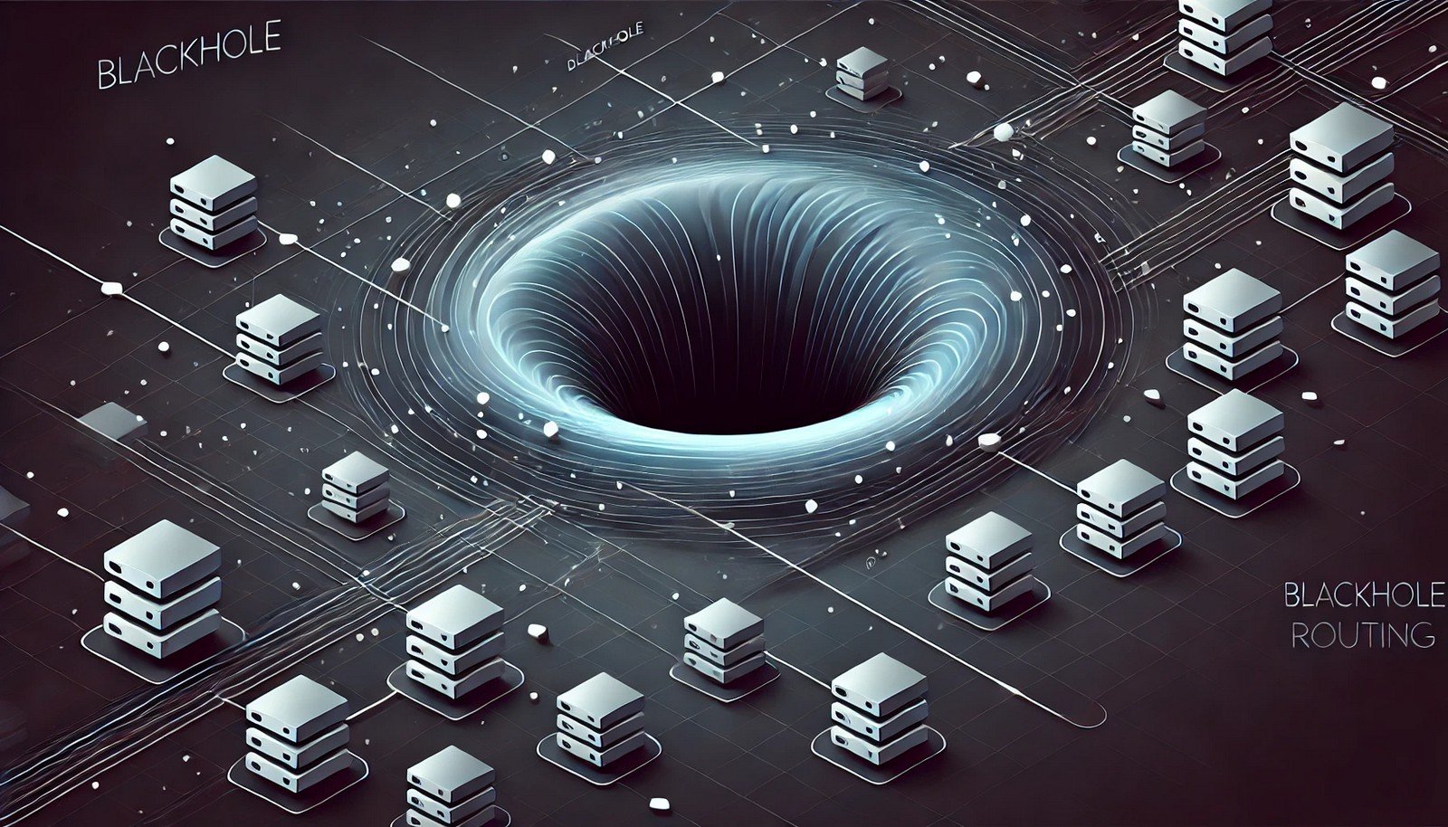 A conceptual digital illustration of blackhole routing, showing data packets flowing through a network, with some being redirected into a dark vortex, symbolizing malicious traffic being nullified before reaching a protected server.