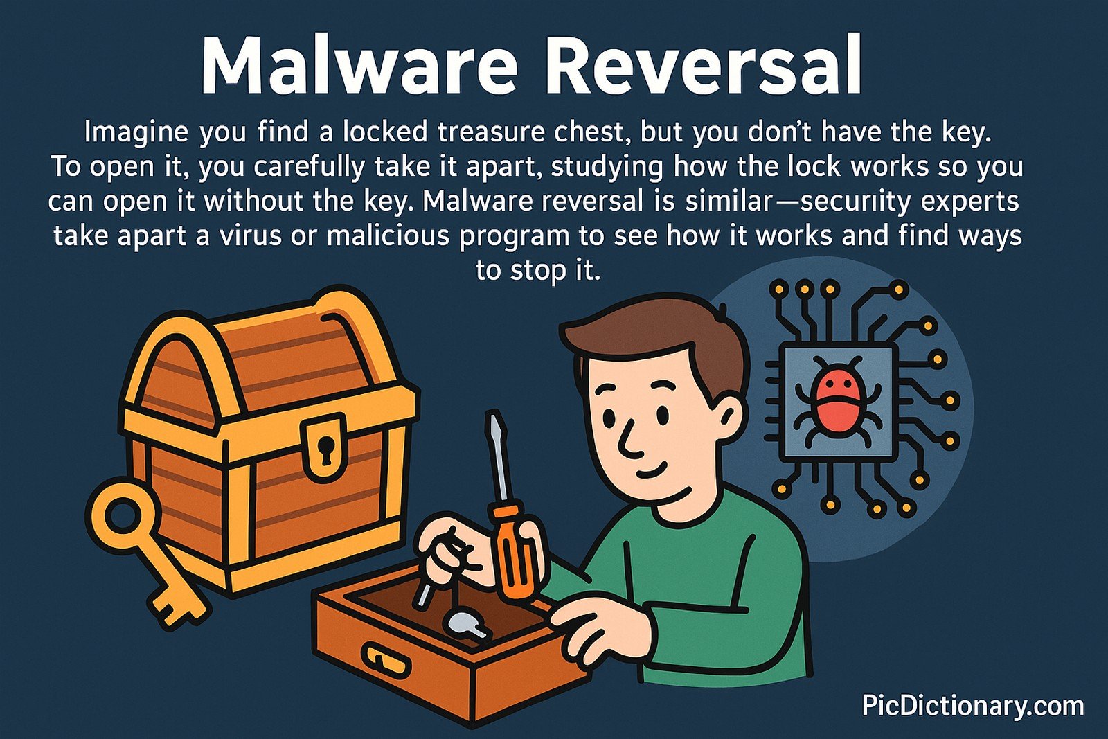 A flat-style 2D digital illustration showing a young person using a screwdriver to open a drawer containing lock-picking tools. To the left is a large, locked treasure chest with a key beside it, symbolizing a mystery to solve. To the right is a cartoon depiction of a microchip with a red virus icon on it, representing malware.
