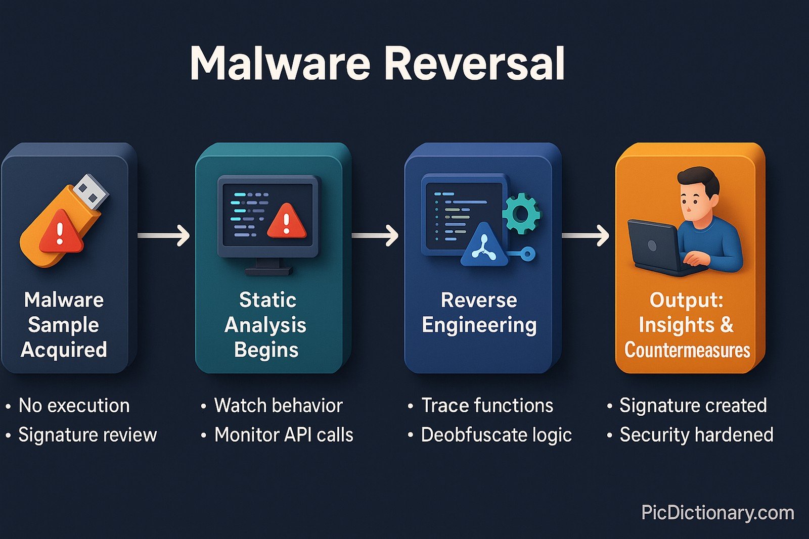 3D infographic showing the step-by-step malware reversal process. It begins with acquiring a malware sample, followed by static and dynamic analysis. The malware is then reverse engineered to extract hidden behavior. The final stage shows insights being documented for antivirus updates and security improvements. 