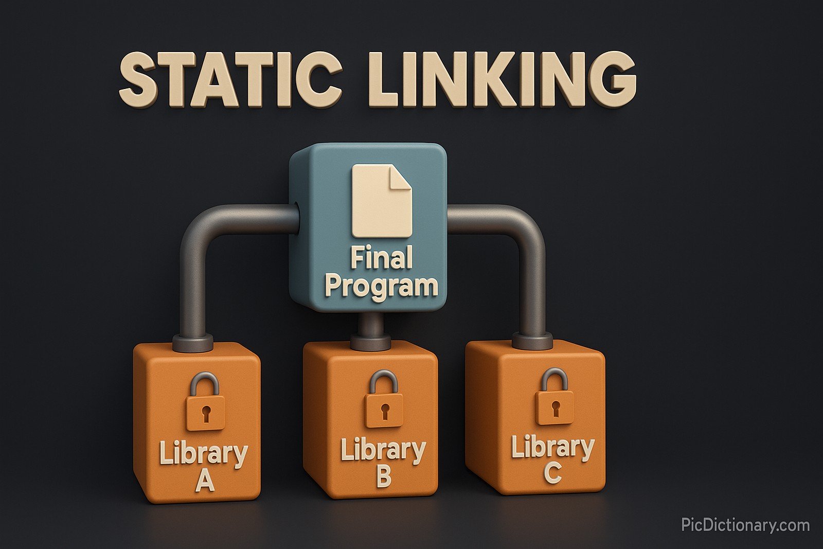 A 3D rendered image illustrating the concept of Static Linking for an article's featured image. The center shows a main executable file icon labeled “Final Program” connected by solid, metallic pipes to several library blocks labeled “Library A,” “Library B,” and “Library C,” symbolizing how all dependencies are embedded at compile time. Each library block appears locked and fused into the program pipeline, emphasizing fixed, built-in linking.