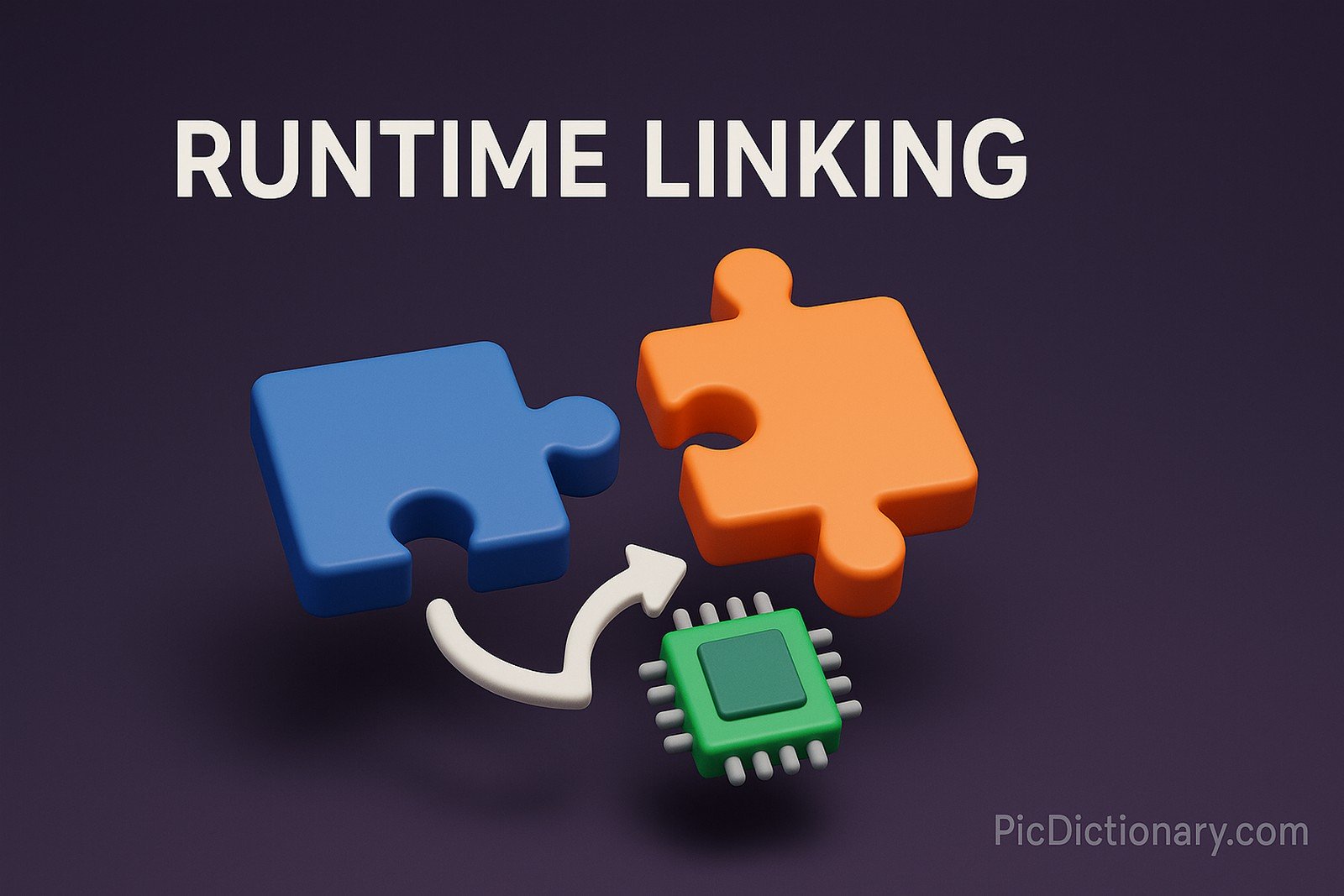 A 3D-rendered digital image illustrates "Runtime Linking" with two colorful interlocking puzzle pieces (blue and orange), connected via a white arrow to a green microchip 