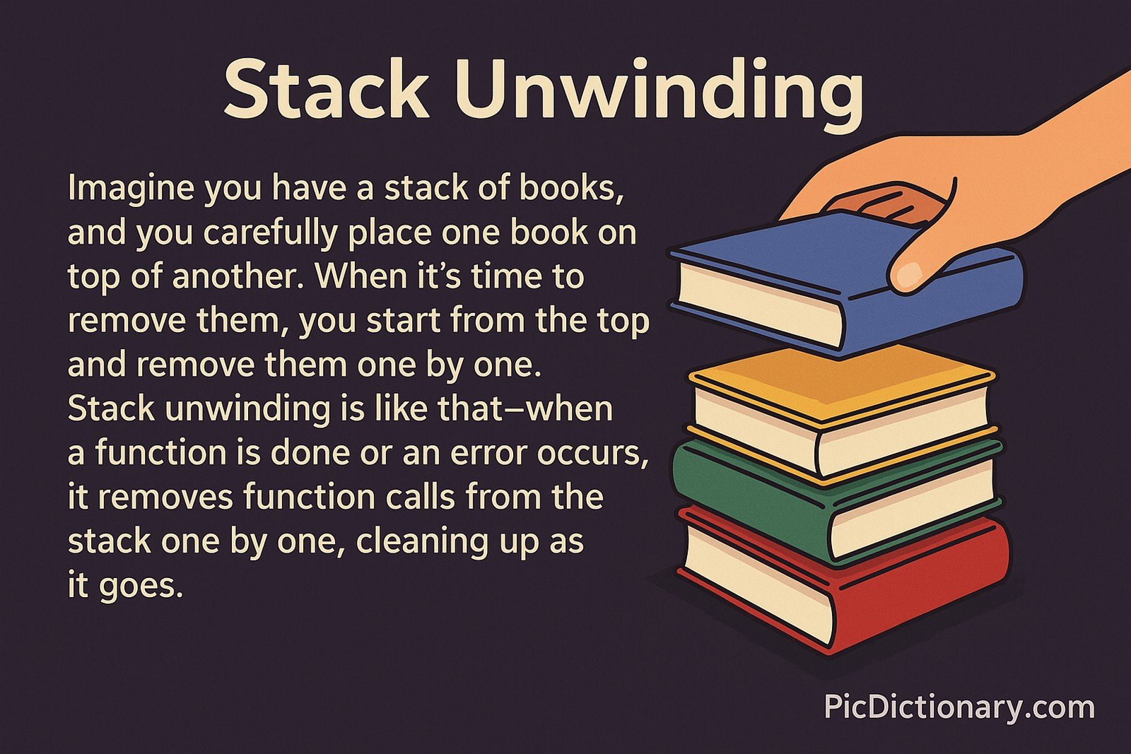A 2D digital illustration titled "Stack Unwinding" shows a vertical stack of five colorful books. A hand is removing the top blue book, representing the idea of unwinding. To the left, explanatory text compares this visual to how programming functions are removed from a stack during error handling or function completion