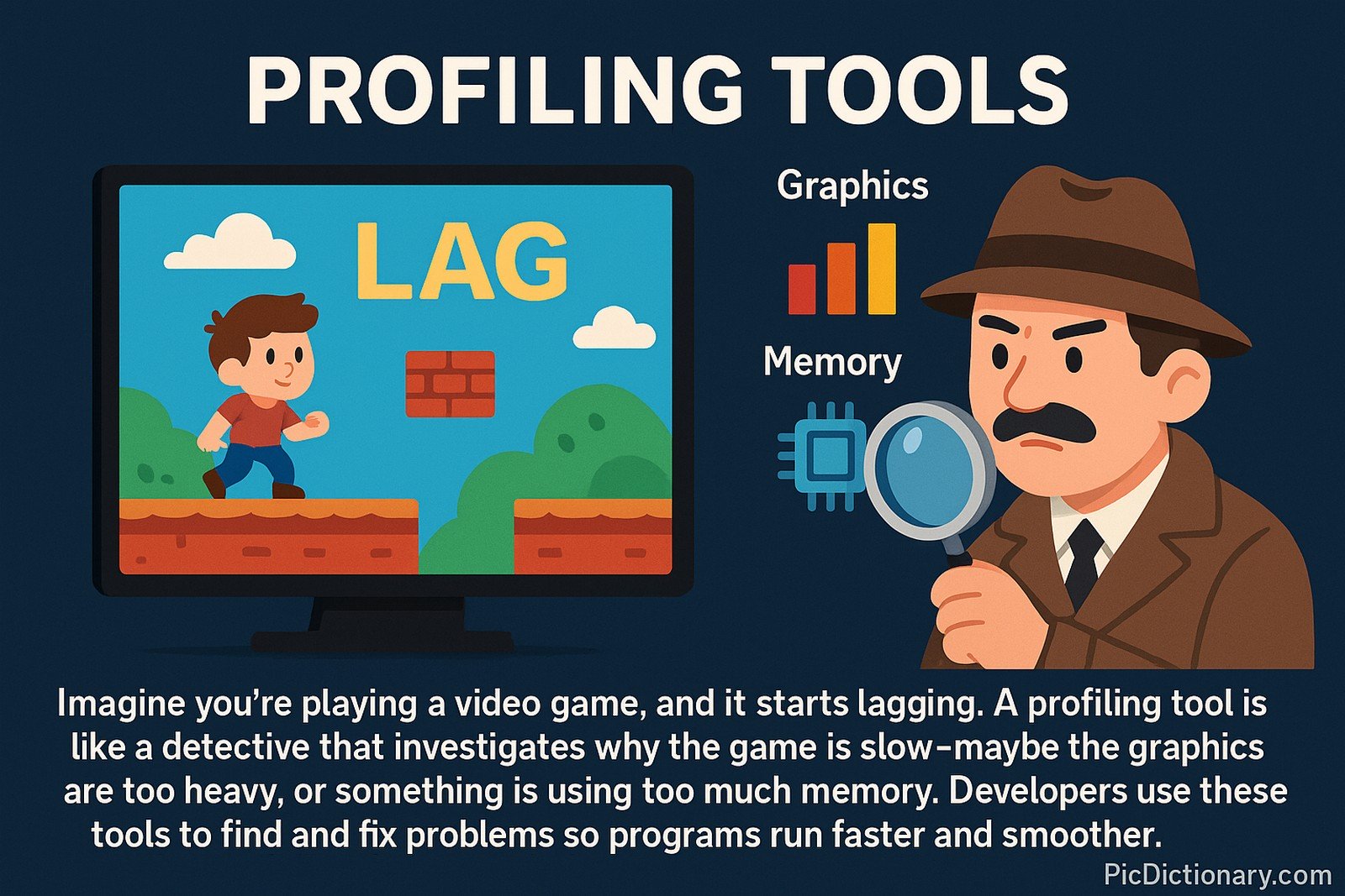  2D digital illustration explains profiling tools using a video game analogy. On the left, a monitor displays a lagging video game with the word “LAG” above a running character. On the right, a cartoon detective holds a magnifying glass, symbolizing investigation. Next to him are labeled graphics and memory icons, indicating areas that may cause lag. At the bottom, text explains that profiling tools help developers find performance issues like heavy graphics or memory overload to improve program speed. 