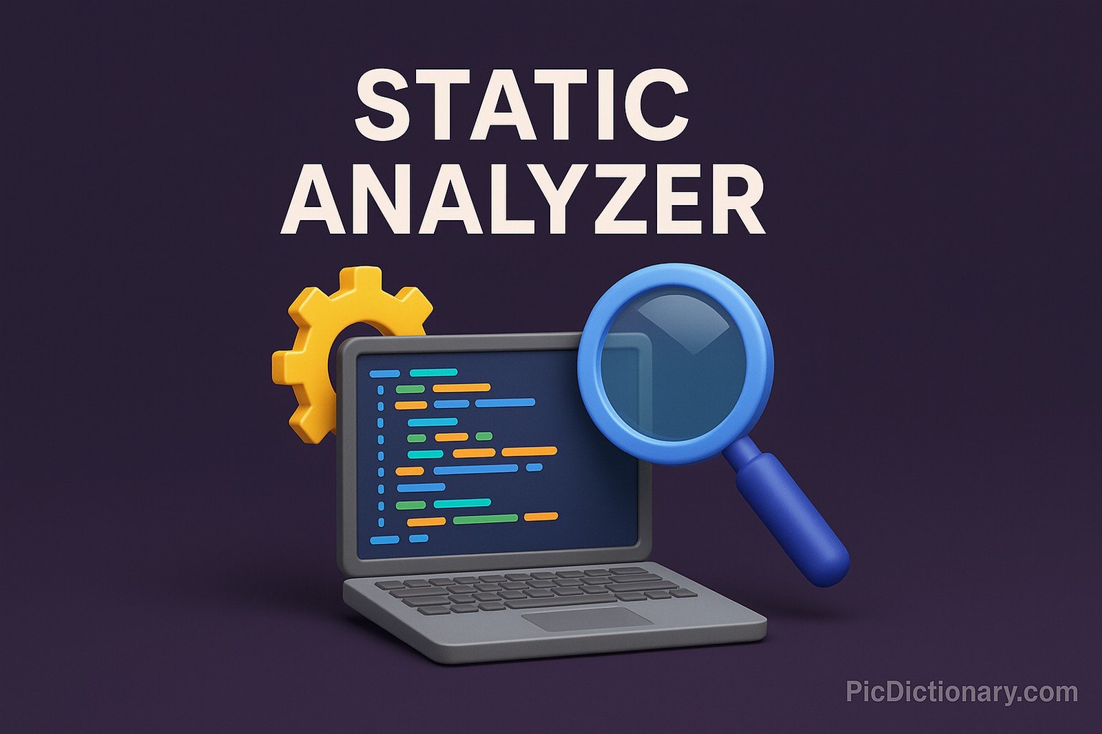 A 3D-rendered digital illustration showing the words "STATIC ANALYZER" in bold white uppercase letters against a dark purple background. Below the text, a gray laptop displays multicolored lines of code on its screen. A blue magnifying glass hovers over the code, symbolizing analysis or inspection. A yellow gear is partially visible behind the laptop, indicating software mechanics.