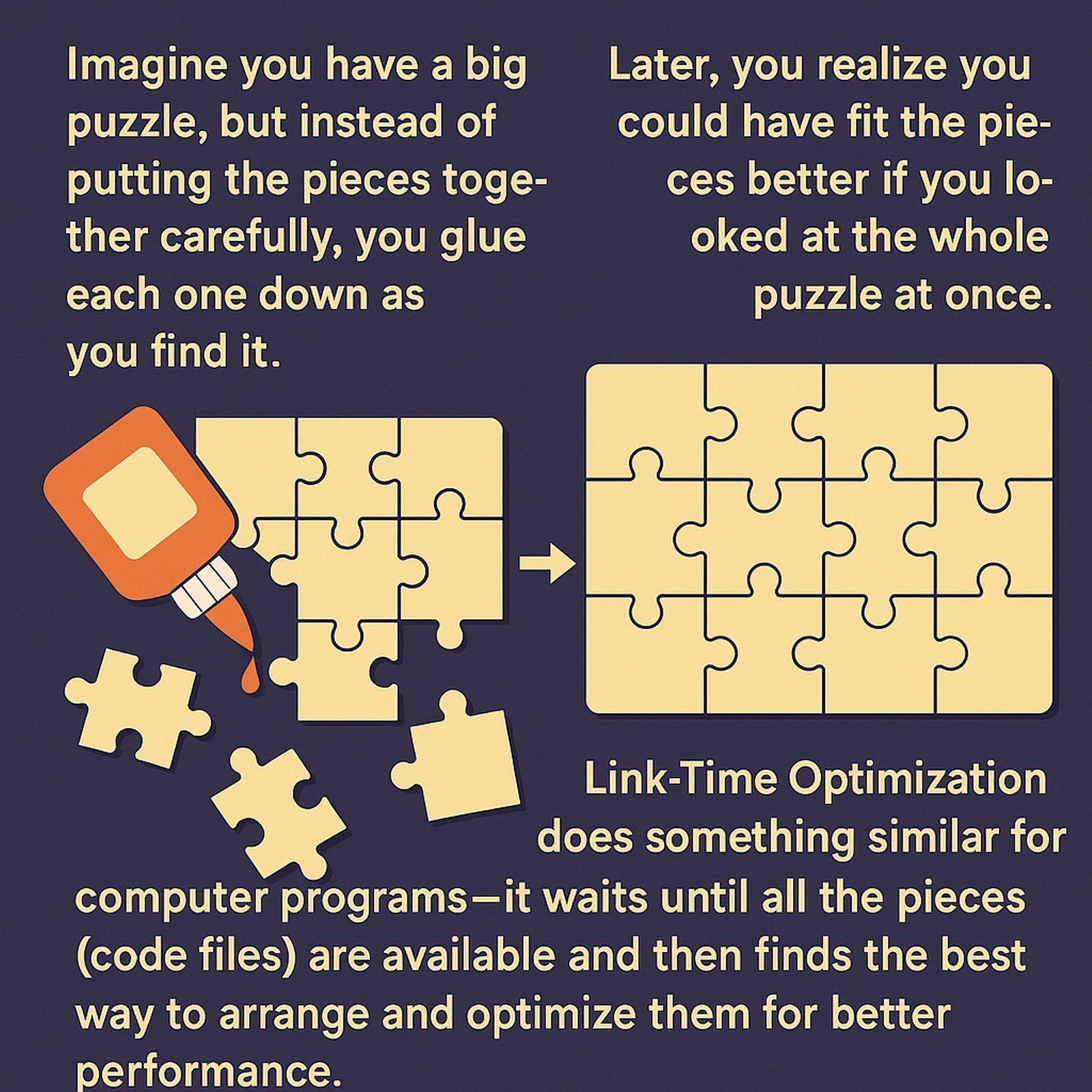 A 2D digital illustration conveys the concept of Link-Time Optimization using a puzzle analogy. On the left, scattered puzzle pieces are being glued down haphazardly, accompanied by the text: “Imagine you have a big puzzle, but instead of putting the pieces together carefully, you glue each one down as you find it.” On the right, a completed puzzle is shown, fitting together perfectly, with the text: “Later, you realize you could have fit the pieces better if you looked at the whole puzzle at once.” Below, another caption reads: “Link-Time Optimization does something similar for computer programs—it waits until all the pieces (code files) are available and then finds the best way to arrange and optimize them for better performance.”