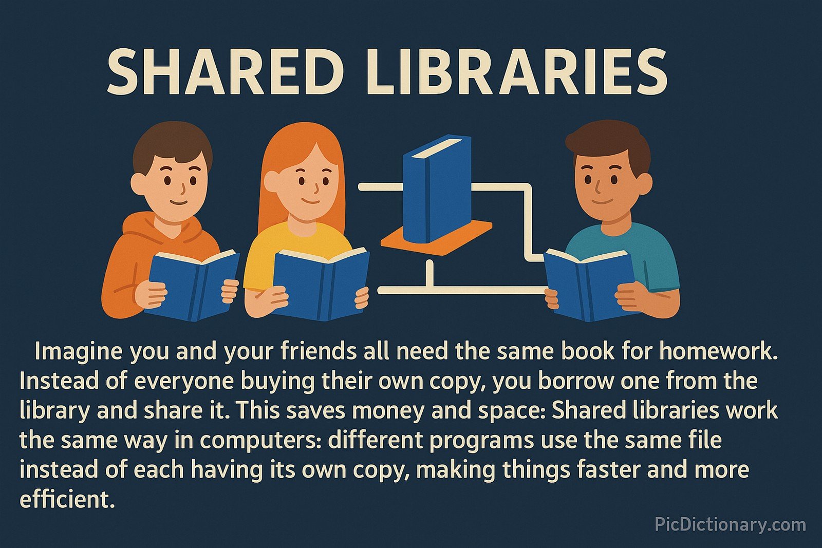 A 2D illustration shows three cartoon students holding books, all connected to a single central floating book, symbolizing shared libraries. The title "SHARED LIBRARIES" appears at the top,