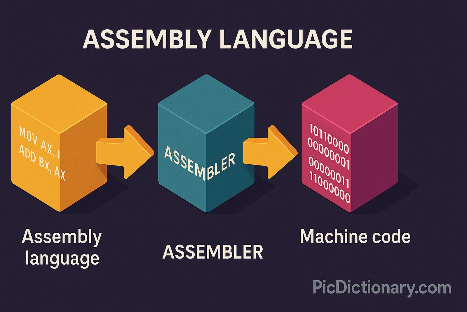 3D infographic titled “ASSEMBLY LANGUAGE” showing three labeled blocks: one labeled "Assembly language" with code snippets like “MOV AX, 1”, another labeled "ASSEMBLER", and the last labeled "Machine code" with binary digits. Bold arrows point from left to right, visually representing the translation process from assembly to machine code. 