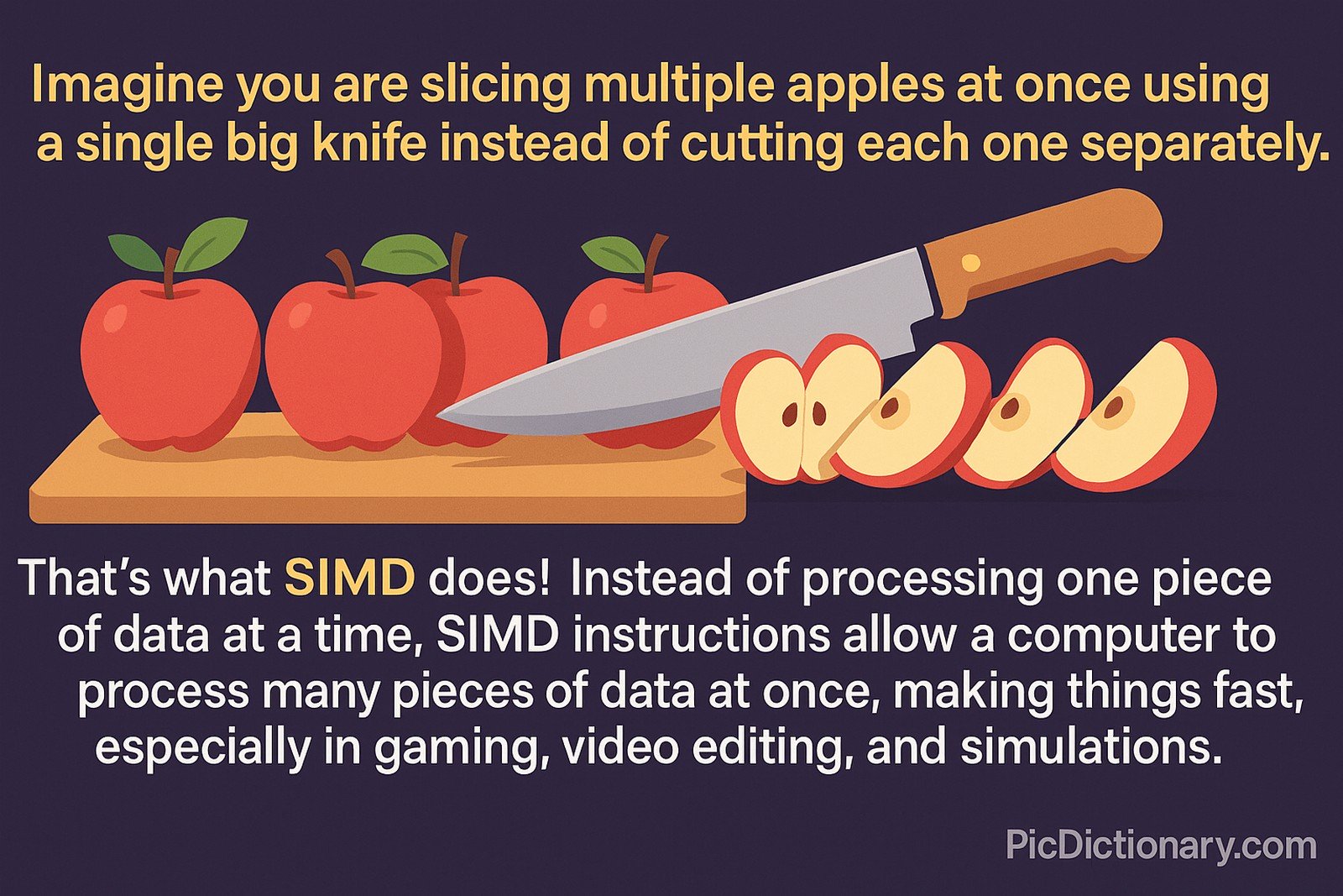 A flat-style digital illustration shows a large knife slicing through multiple apples at once on a cutting board. Above the image, text reads, "Imagine you are slicing multiple apples at once using a single big knife instead of cutting each one separately." Below, it says, "That's what SIMD does! Instead of processing one piece of data at a time, SIMD instructions allow a computer to process many pieces of data at once, making things fast, especially in gaming, video editing, and simulations."