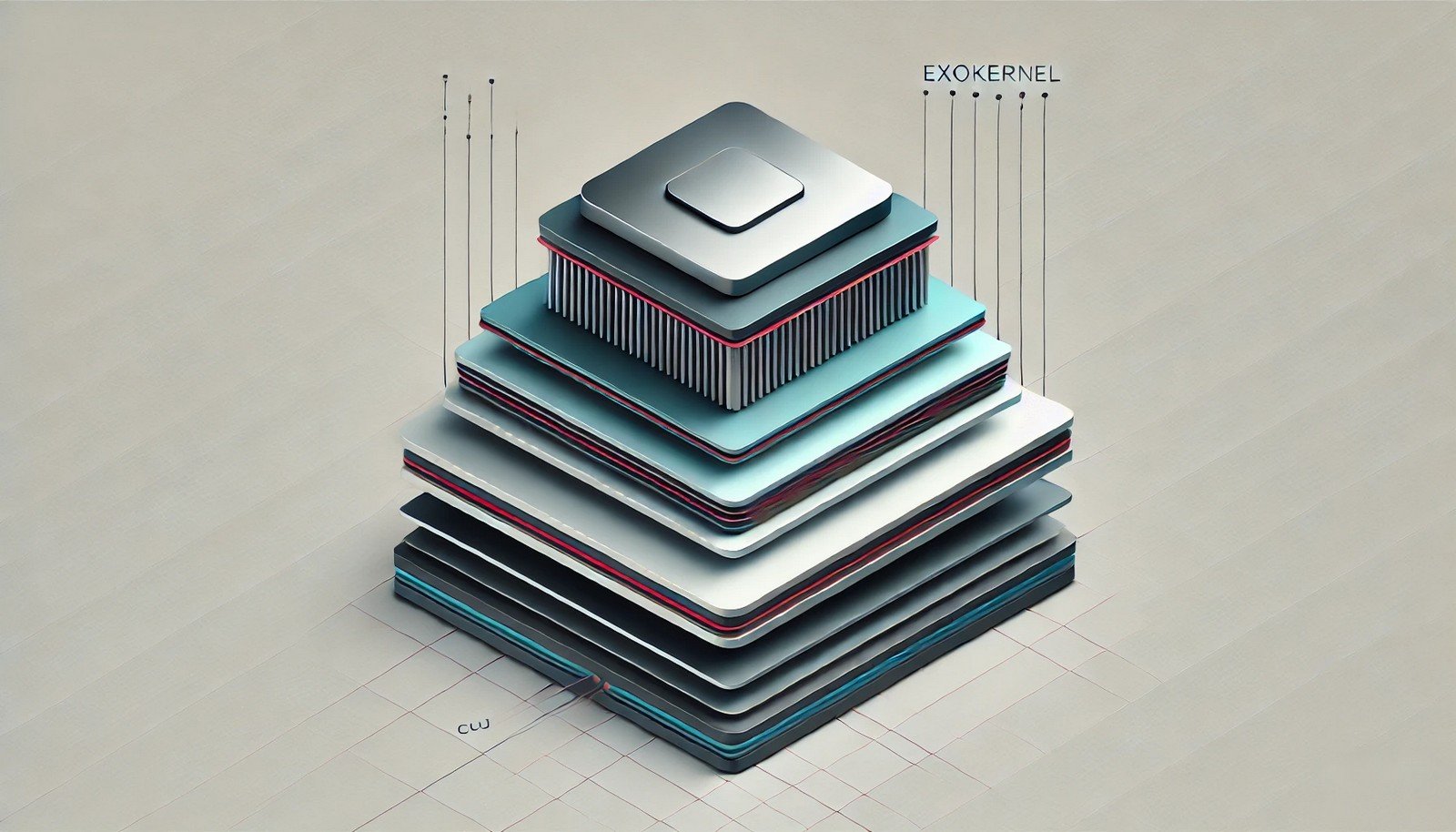 A minimalist digital illustration of Exokernel architecture, depicting a thin kernel at the base of a layered system with direct access to hardware components like CPU, memory, and storage, emphasizing efficiency and openness.
