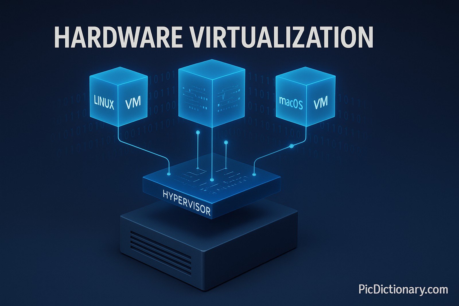3D rendered infographic showing the concept of hardware virtualization. The dark-themed image features a physical server at the base labeled "Physical Hardware". Above it floats a hypervisor layer with connectors to multiple virtual machines (VMs), each represented as glowing cubes labeled with different guest OS names like "Linux VM", "Windows VM", and "macOS VM". Binary code and network lines flow between the hypervisor and VMs, visually depicting resource sharing and isolation.