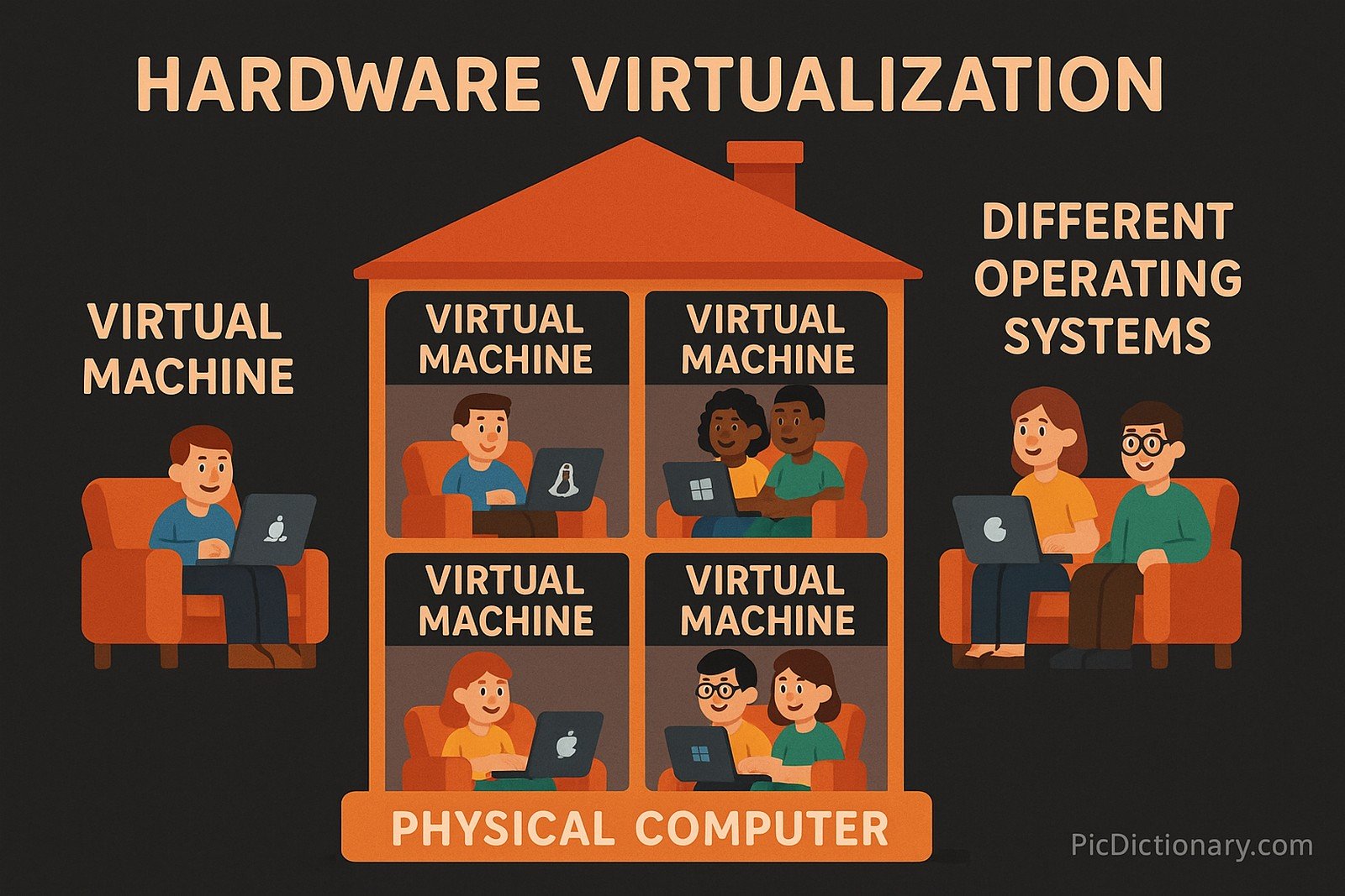A flat-style digital illustration shows a large orange house labeled "PHYSICAL COMPUTER" divided into four apartment-like sections labeled "VIRTUAL MACHINE." Each section contains people using laptops with different operating system logos, representing multiple virtual machines running on a single physical computer. On either side, individuals with laptops emphasize the idea of running different operating systems. 