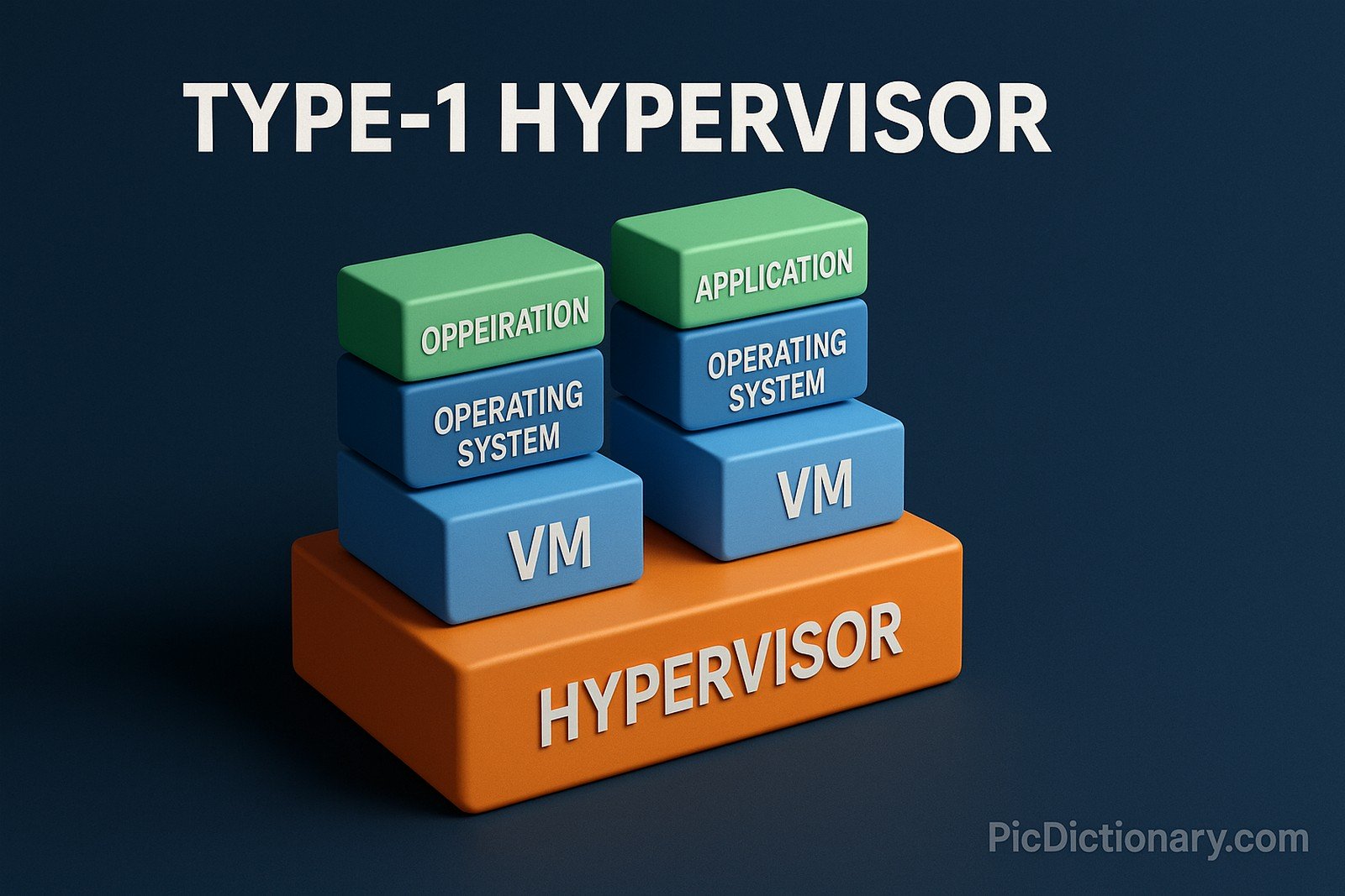 A 3D-rendered digital graphic illustrates the concept of a Type-1 Hypervisor. At the base is a large orange block labeled "HYPERVISOR," representing direct access to hardware. Above it are two vertical stacks, each symbolizing a virtual machine (VM). Each stack includes a light blue "VM" block, a medium blue "OPERATING SYSTEM" block, and a green top block labeled "APPLICATION" and "OPPERIATION" (noting a spelling error).