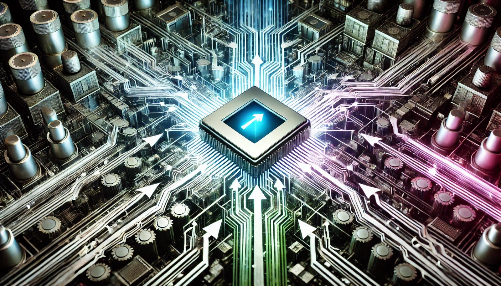 A futuristic digital illustration of branch prediction in computer processors. A central CPU processes two diverging execution paths, with one glowing to indicate prediction. Abstract arrows and circuits emphasize decision-making and computational flow.