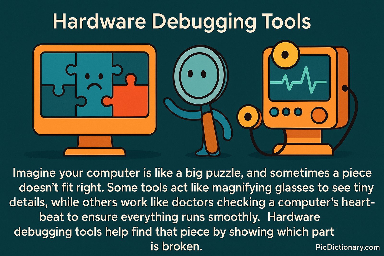 A flat-style digital illustration titled "Hardware Debugging Tools" shows a computer screen with puzzle pieces, one of which is red and doesn't fit, symbolizing a hardware issue. Beside it, cartoon-like debugging tools—a smiling magnifying glass and an oscilloscope—inspect the problem. Text below explains how debugging tools help find broken components, using analogies like magnifying glasses and heartbeat monitors.