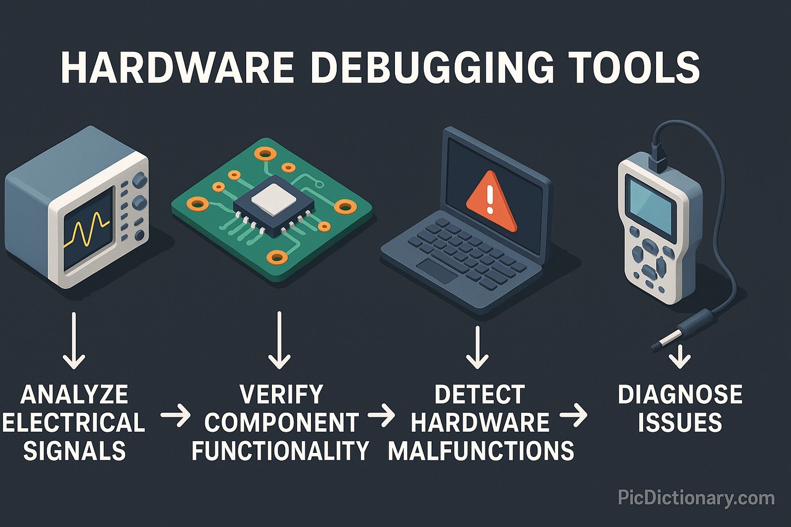 A 3D-style infographic titled "Hardware Debugging Tools" shows a left-to-right workflow: an oscilloscope labeled "Analyze Electrical Signals," a chip board labeled "Verify Component Functionality," a laptop with a warning icon labeled "Detect Hardware Malfunctions," and a handheld device labeled "Diagnose Issues.