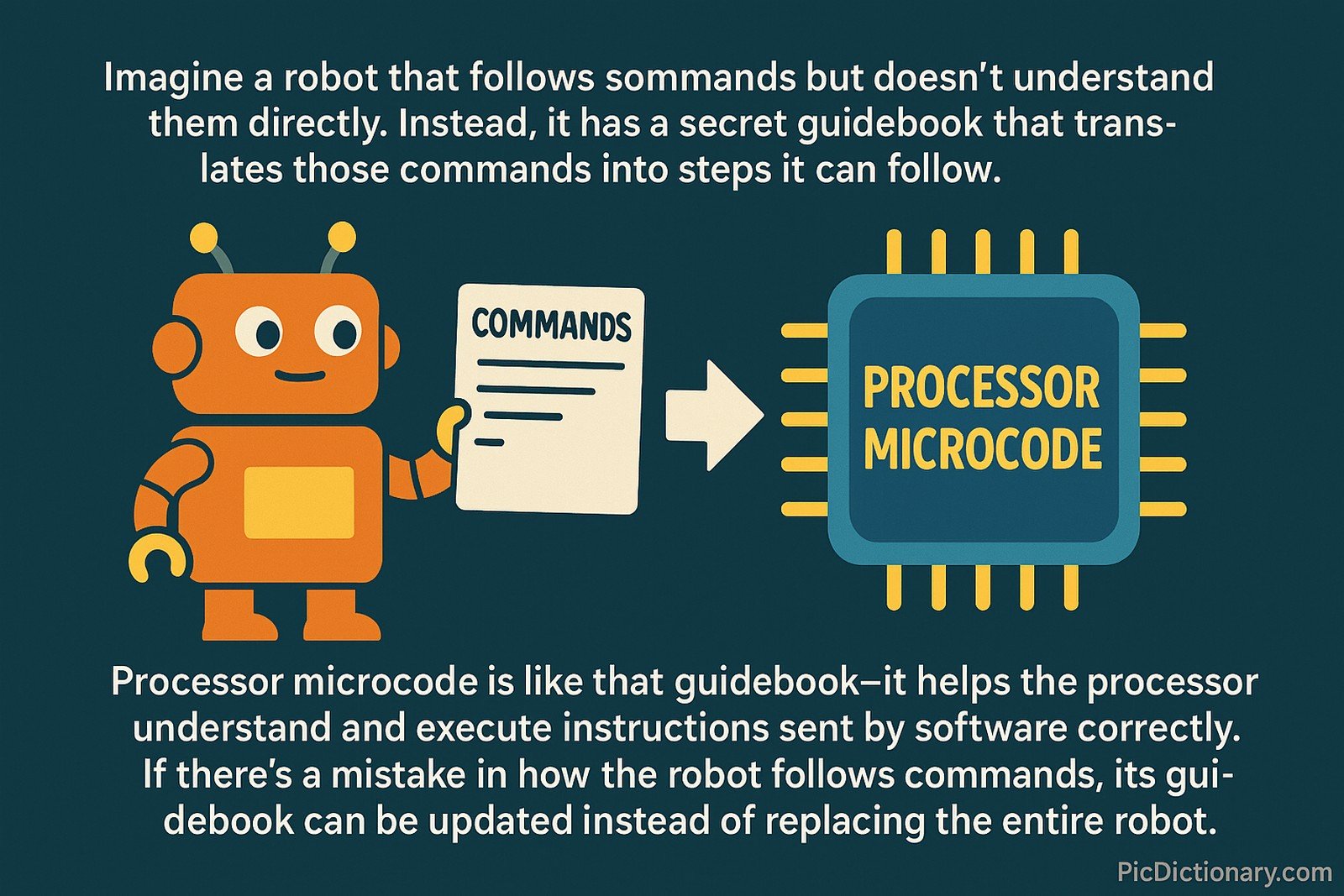 A 2D digital illustration on a dark teal background shows an orange cartoon robot holding a paper labeled "COMMANDS" on the left. To the right, there's a stylized processor chip labeled "PROCESSOR MICROCODE". A large arrow points from the robot's paper to the chip, symbolizing instruction translation. Above and below the visuals, explanatory text describes how microcode helps processors understand and execute software commands, like a robot using a guidebook
