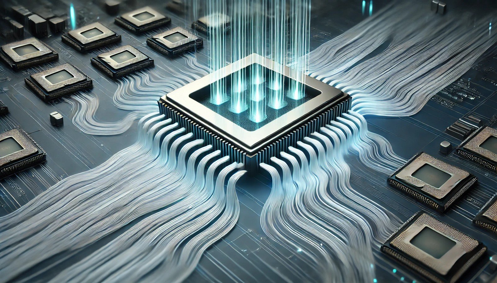 A minimalistic digital illustration of Thread-Level Parallelism, showing multiple threads executing simultaneously across a multi-core processor. Abstract glowing threads flow into separate CPU cores, representing efficiency and speed in computing.