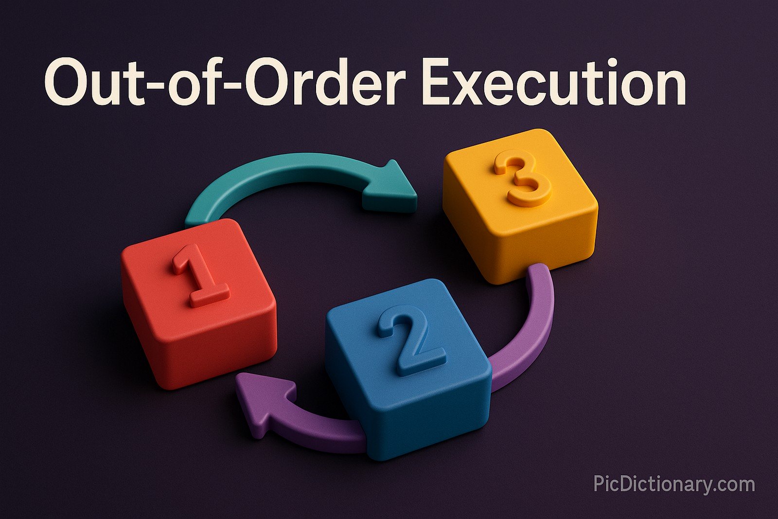  A 3D rendered illustration of the concept "Out-of-Order Execution," showing three colorful blocks labeled 1, 2, and 3 connected by arrows in a non-linear path, suggesting a non-sequential process. 
