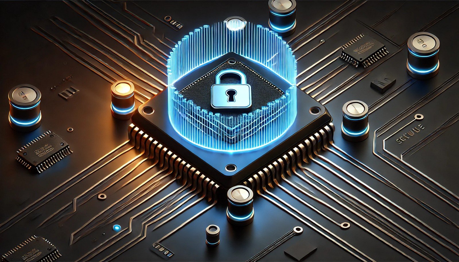 A visually striking digital illustration of a Secure Enclave, showcasing an isolated hardware chip encased in a futuristic circuit board. A glowing protective shield surrounds the chip, symbolizing encryption, cybersecurity, and data protection.