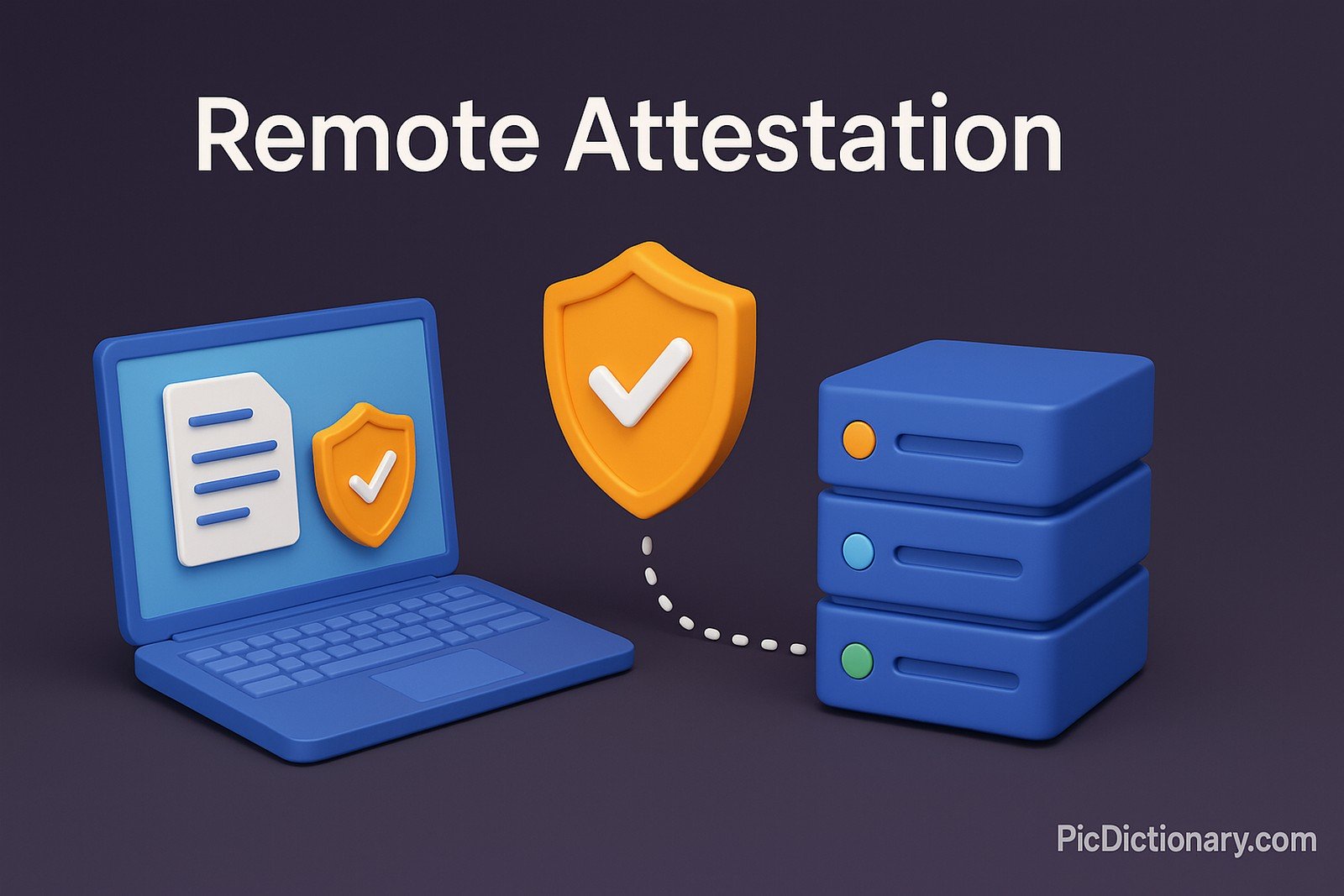  A 3D-rendered digital illustration features the text “Remote Attestation” at the top. Below it, a laptop displaying a document and shield icon is connected by a dotted line to a central shield with a checkmark, which links to a blue server stack, symbolizing verified secure communication
